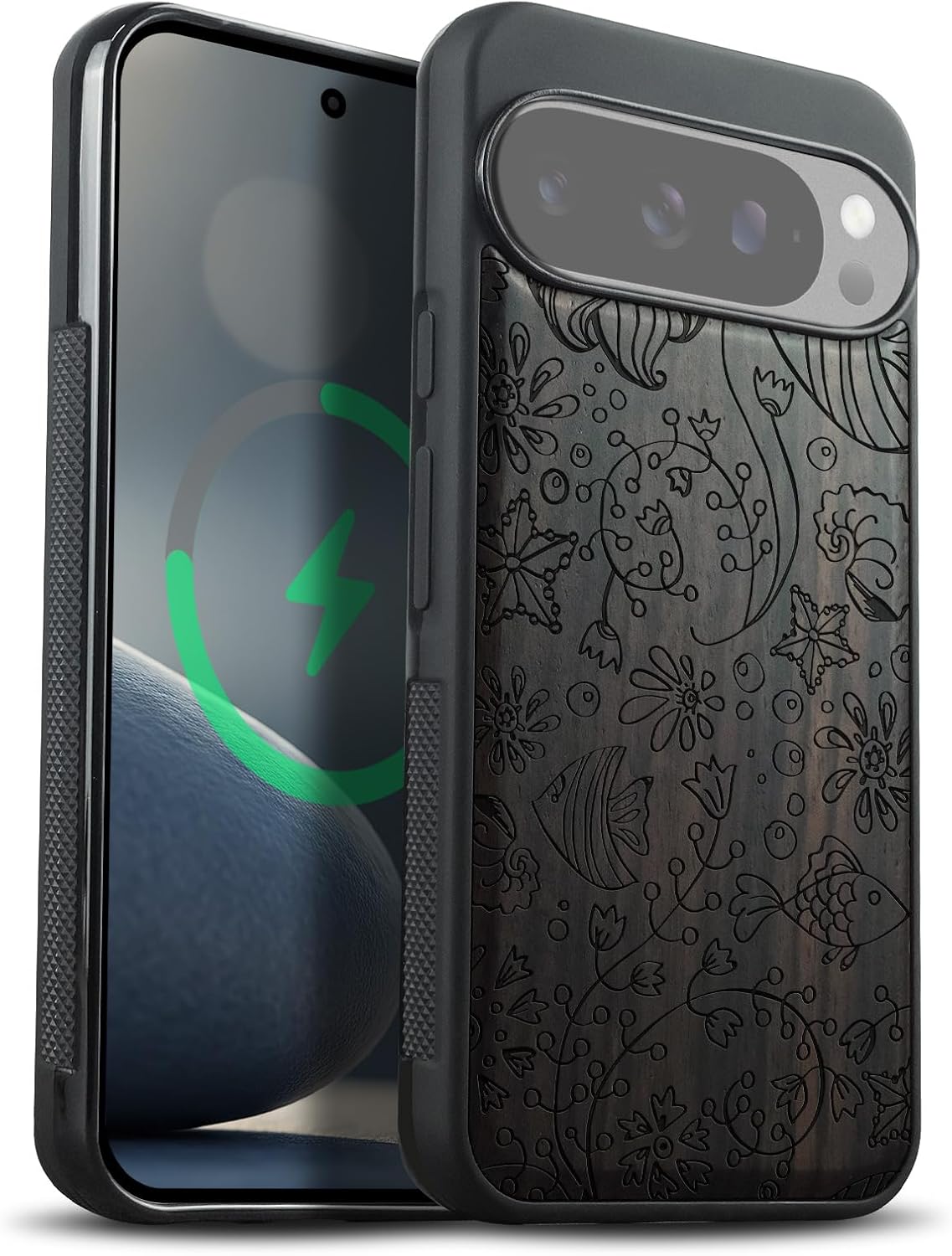 Carveit Magnetic Wooden Case for Google Pixel 10 Pro XL Case, Wood Artisan Engraved & Soft TPU Shockproof Cover, Compatible with MagSafe Wireless Chargers (Stingray in Scratch Board Artistry) Rosy