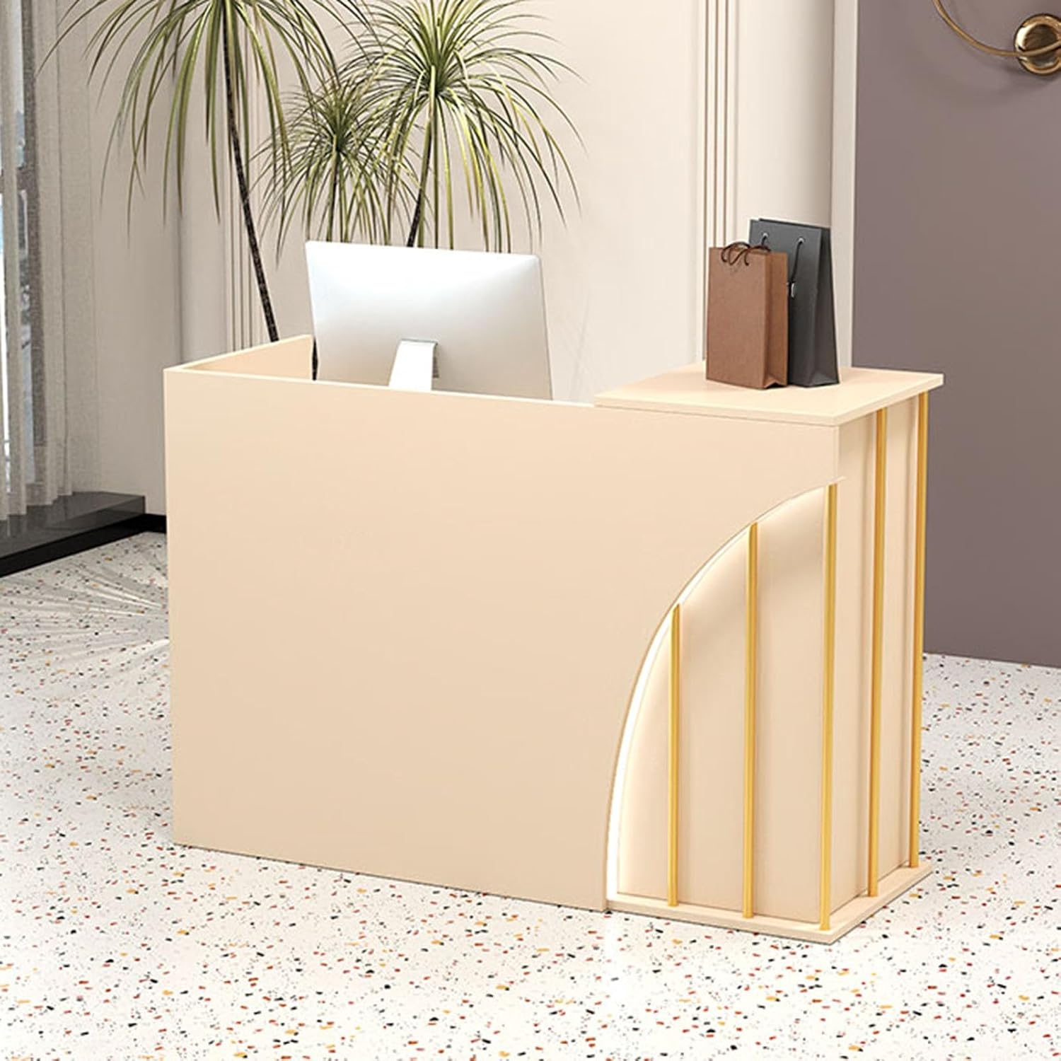 Reception Desk with LED Lights,Front Counter Table with Lockable Drawer Wooden Large Checkout Retail Counter Table for Store Shop Office Lobby Retail Beauty Salon(Light Yellow,80x45x95cm)