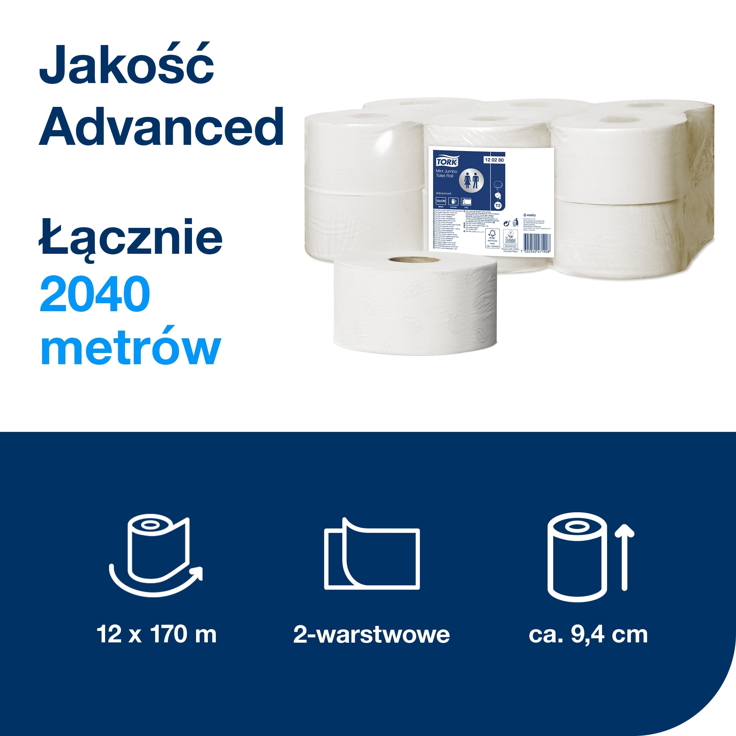 Tork Papier toaletowy Mini Jumbo T2, biały, Advanced, dwuwarstwowy, 12 × 170m, 120280