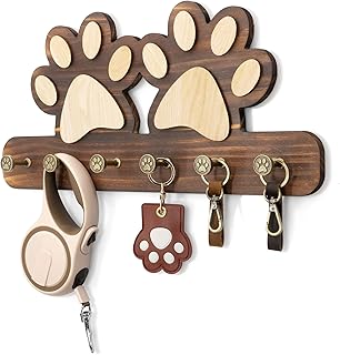MTERSN Farmhouse Key Holder for Wall - Decorative Dog Leash Hanger Wall Mounted and Coat Rack with 6 Unique 3D Dogs Claw Hooks - Dog Accessories Organizer for Rustic Home Decor（Brown）