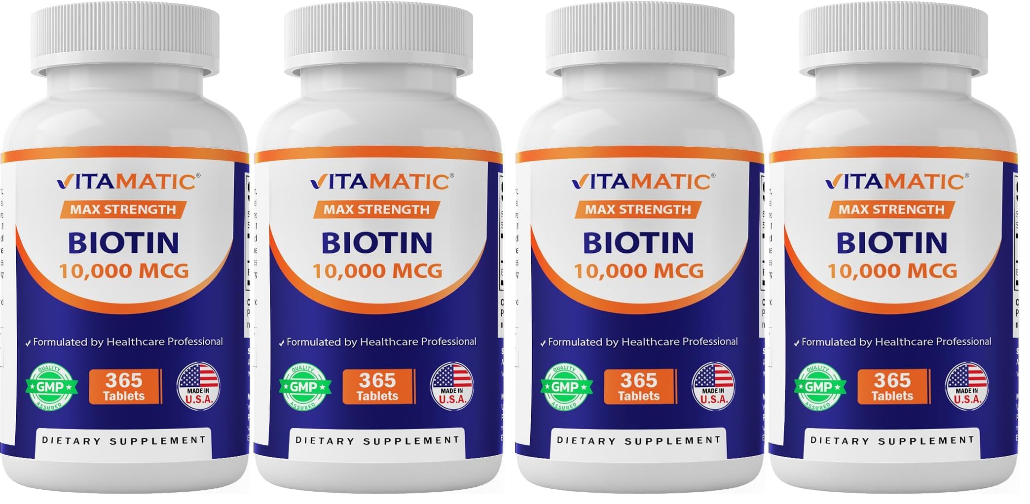 Vitamatic Biotin 10,000 mcg (10 mg) for Stronger Hair, Skin & Nails - 365 Vegan Tablets- Also Called Vitamin B7-4 Pack 730 Count (Pack of 2)