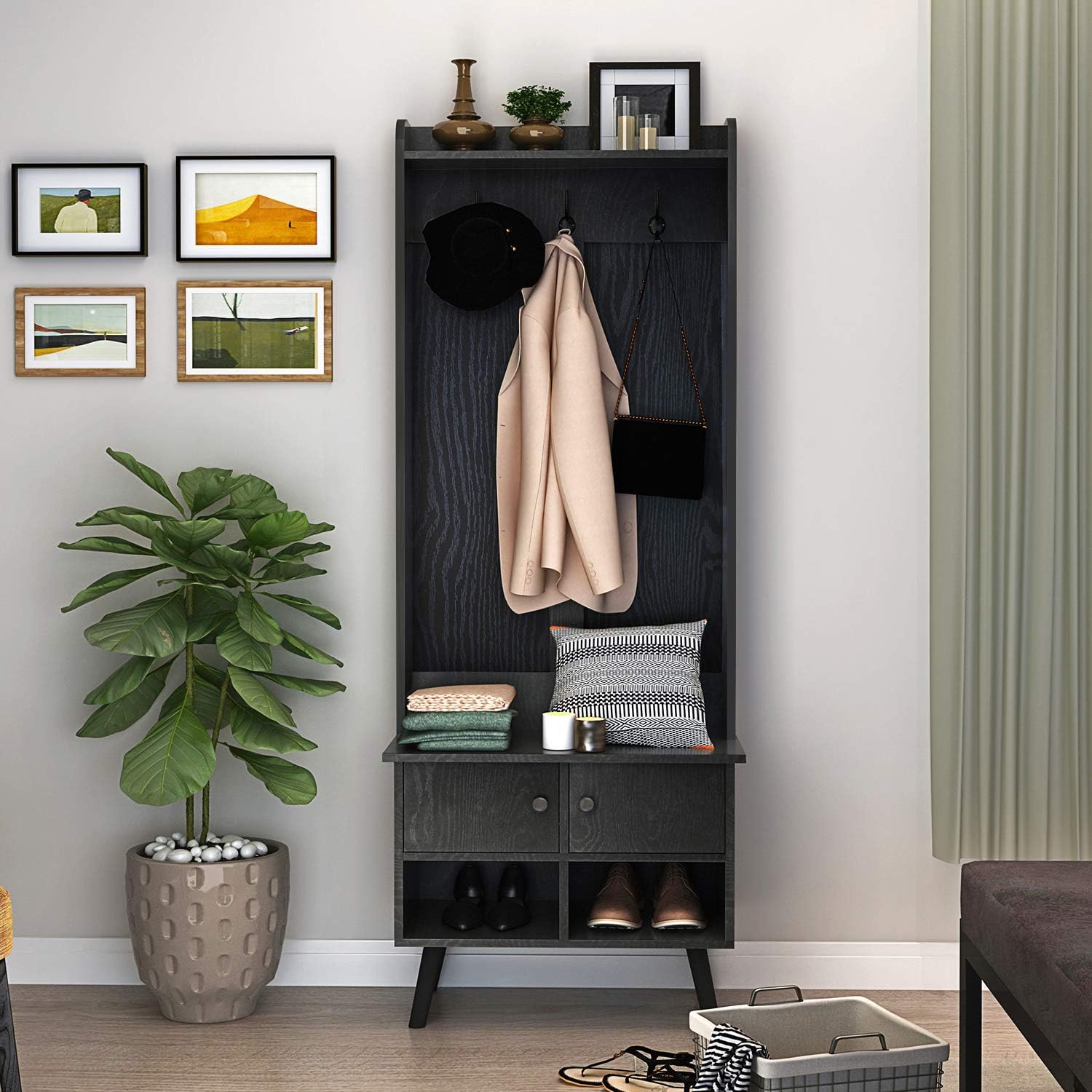 Itaar Hall Tree, Entryway Hall Tree with Storage Bench, Coat Rack with Storage Shelf, Metal Leg Entryway Storage Organizer with 4 Cubbies, Black