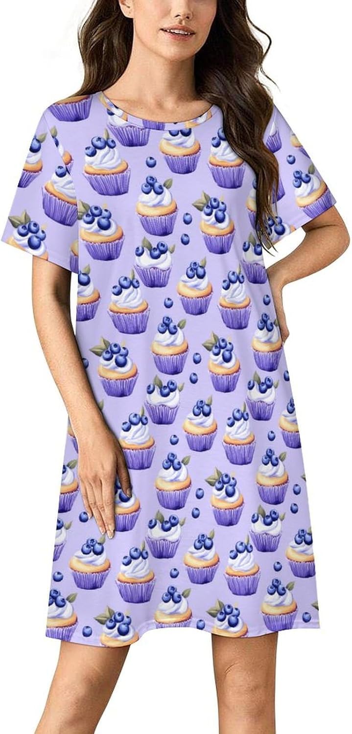 Blueberry Muffins Cakes Nightgowns for Women Short Sleeve Sleep Dress Casual Sleepshirt Night Gowns Pajamas