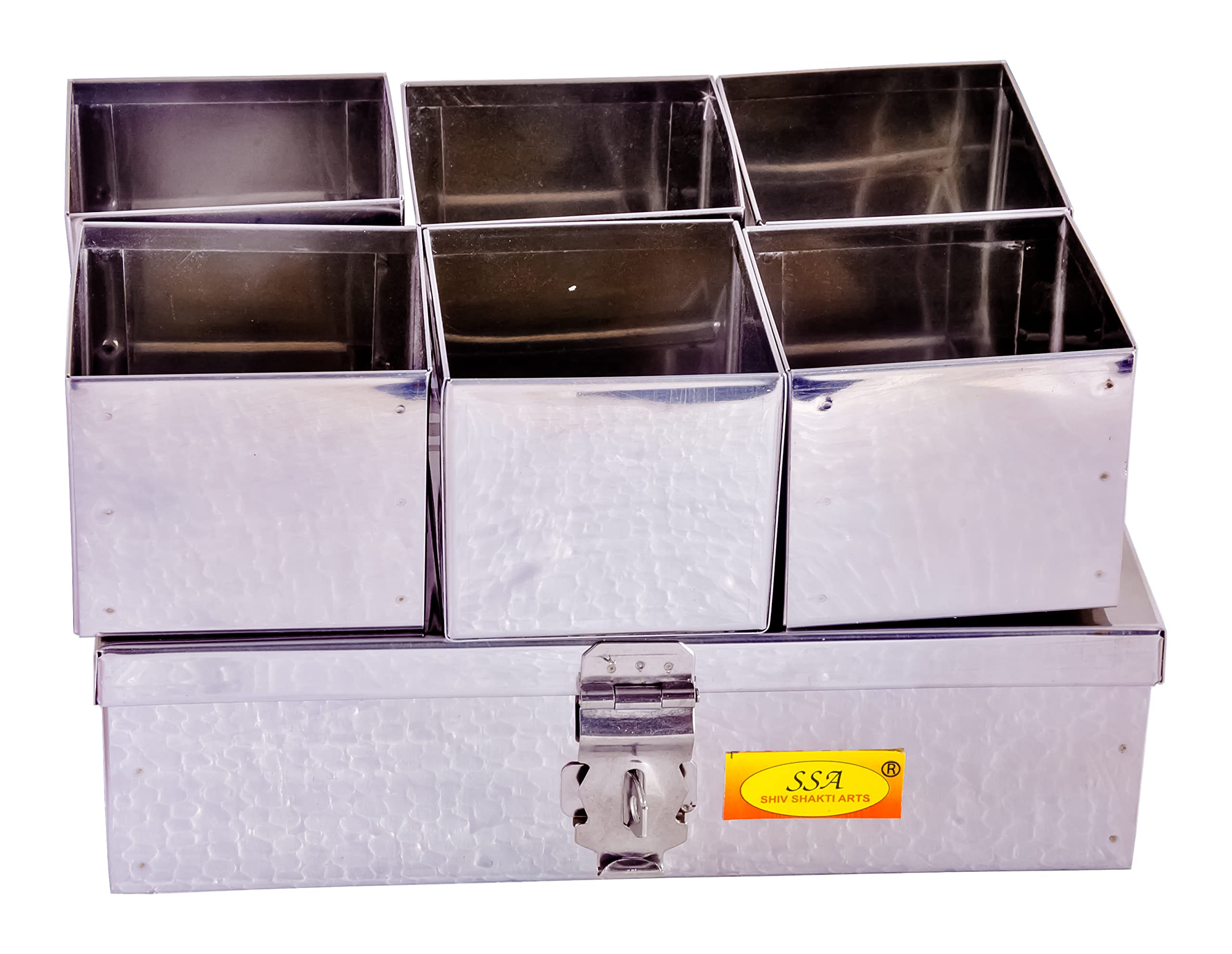 SHIV SHAKTI ARTS Stainless Steel Spice Box, 6 Compartment, Masala Dabba Utility Container, Masala Peti (1 piece,Steel,Large) W-18 cm, H-6.5 cm, L-26 cm - Image 3 thumbnail