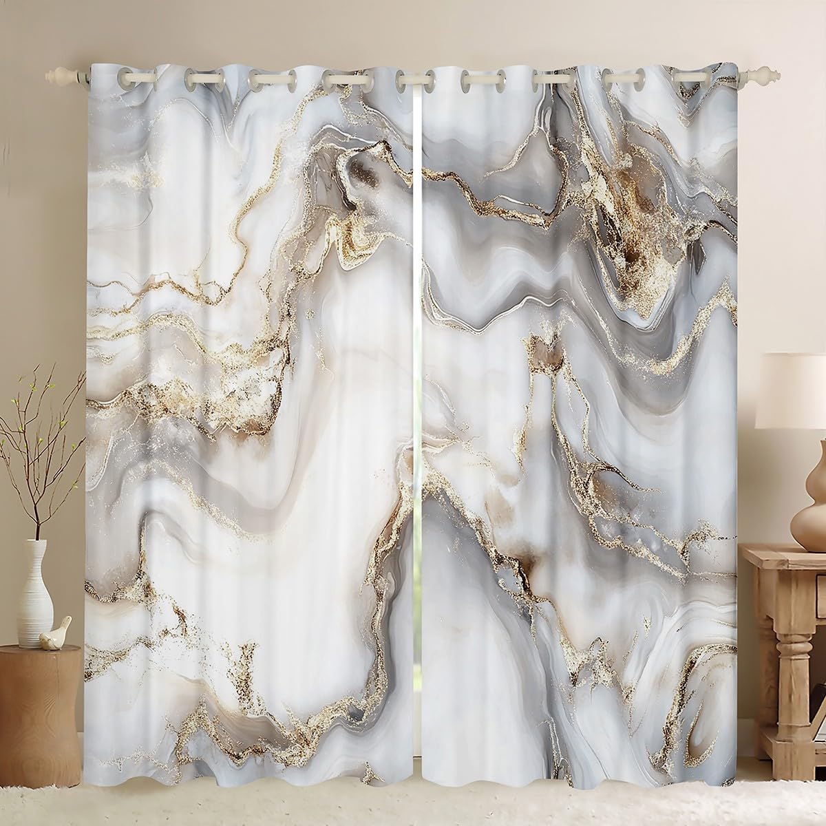 Homemissing Marble Curtains Grey Gold Abstract Geometric Window Drapes For Bedroom Living Room - Crack Brick Window Treatments, W46*L54