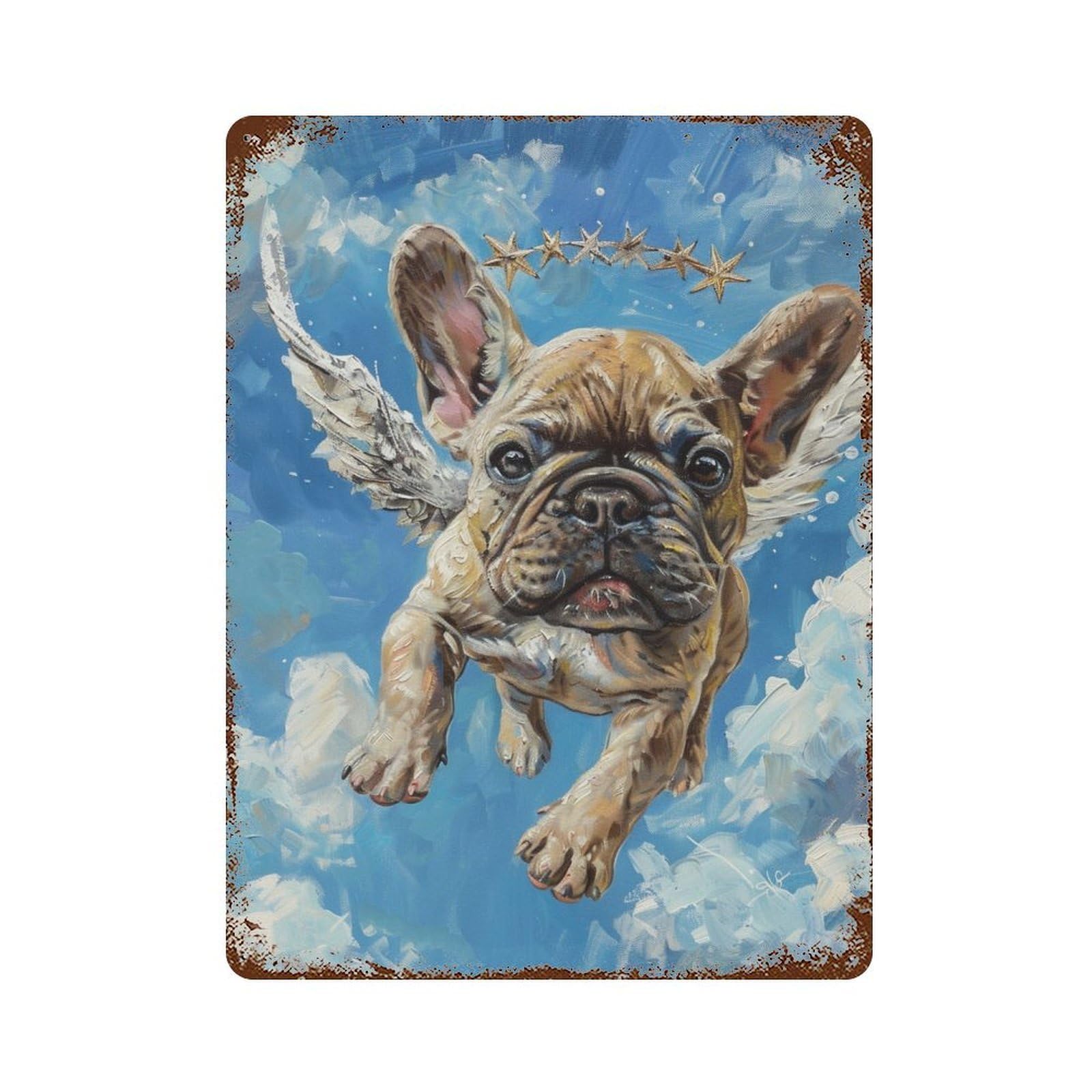 Flying French Bulldog Art Print Distressed Metal Wall Sign 15.7"x11.8", for Garage, Bar And Workshop Decor, Decorative Metal Wall Art