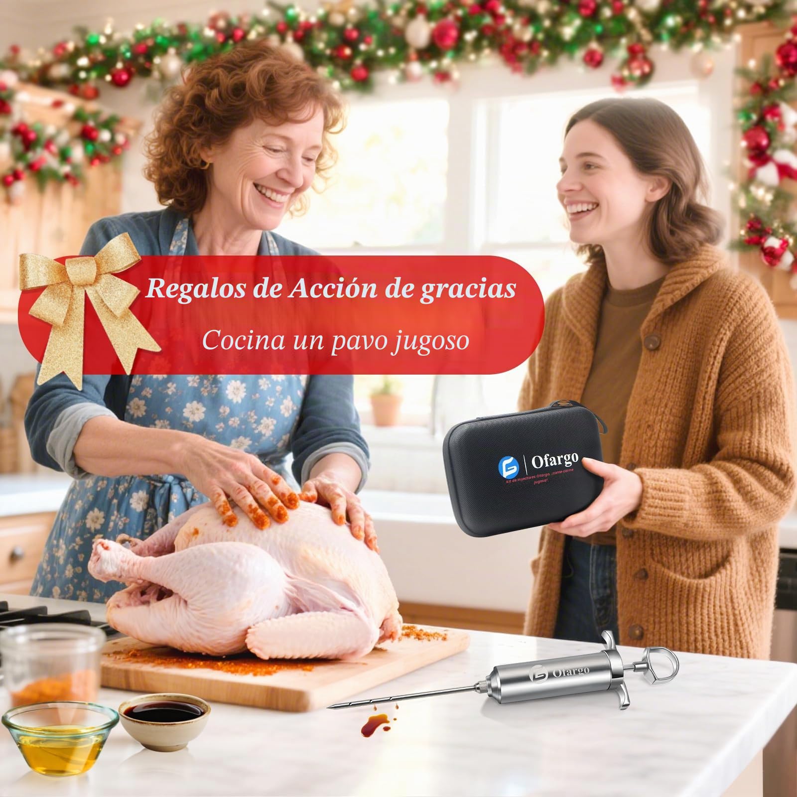 Ofargo Inyector de Condimento con 4 agujas de adobo, Se Utiliza para el Condimento de Carnes Como Carne de res, Pollo, Pavo; Jeringuilla Cocina 60 ml/2 oz; Con bolsa de EVA para guardarlo fácilmente