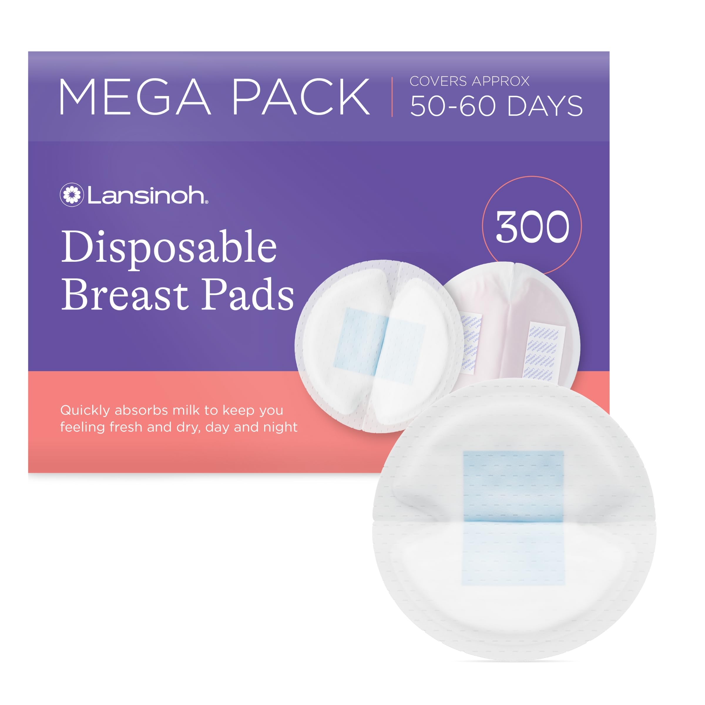 Lansinoh Disposable Breast Pads - Leakproof & Ultra Thin Absorbent Maternity Pads - Discreet Fit Nursing Pads Breastfeeding Essentials - 300 Pack