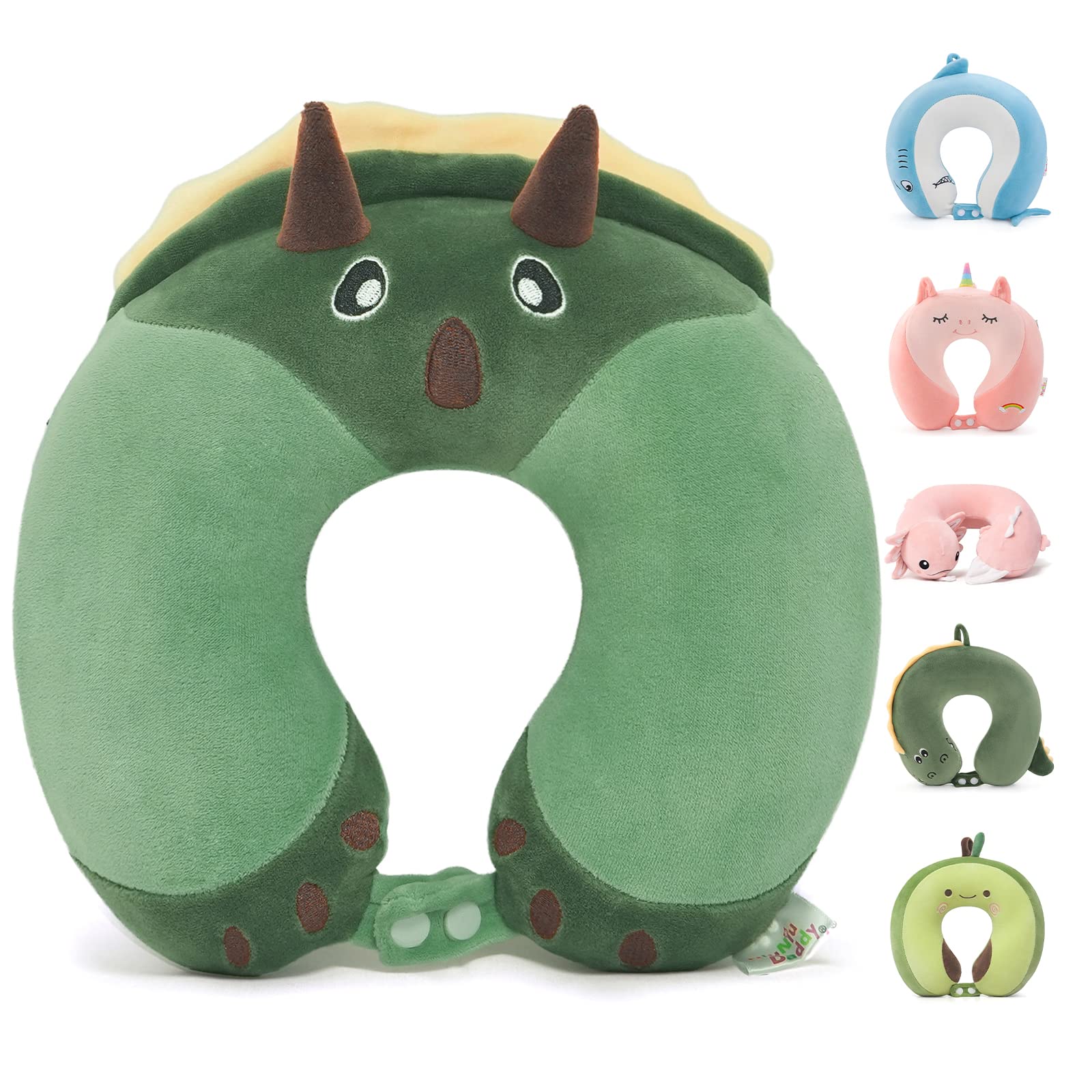 Kids Travel Neck Pillow for Ages 3-8 with Memory Foam, Dinosaur