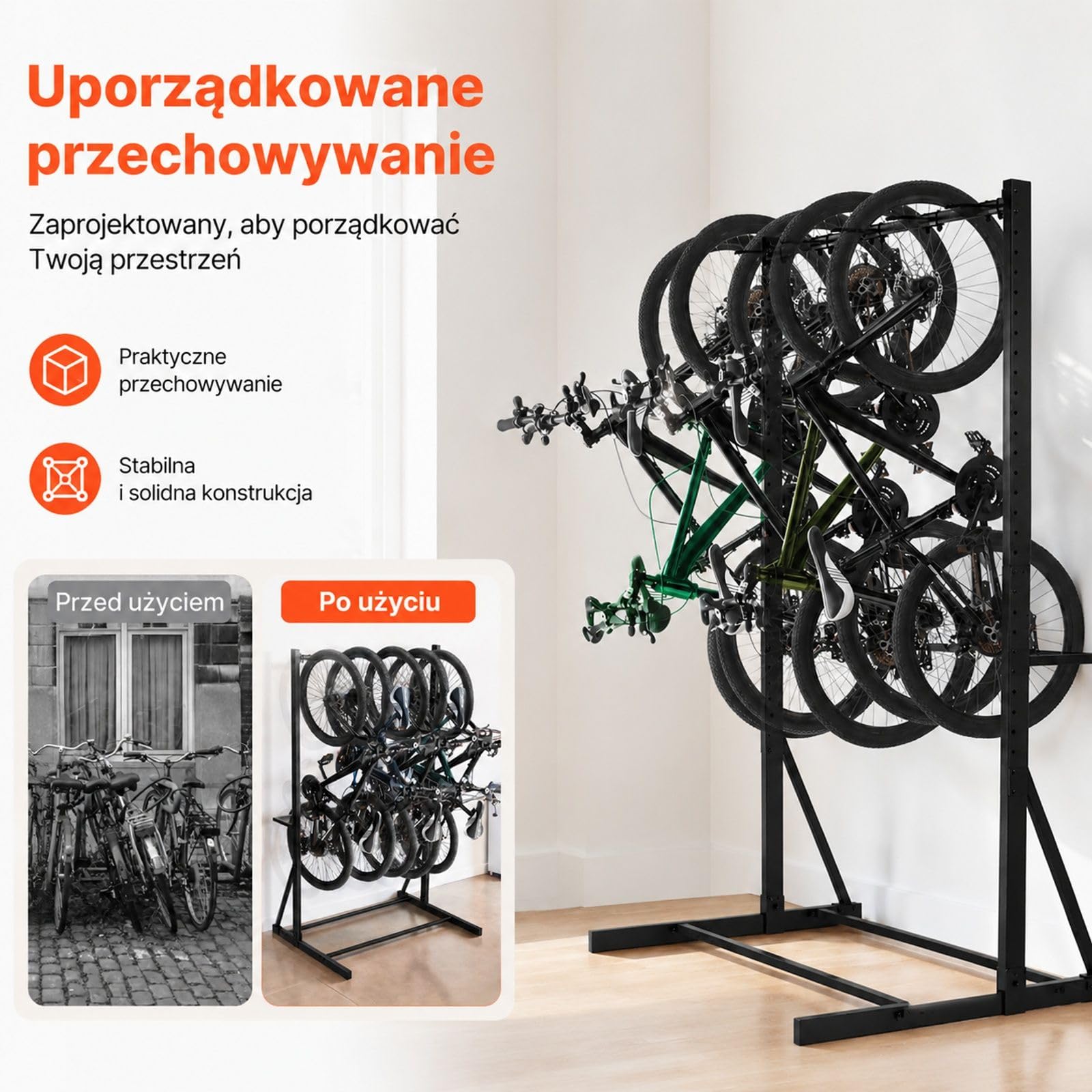 Pionowy stojak rowerowy na 5 sztuk z 5 hakami, stal węglowa, udźwig 136 kg, czarny strukturalny, do garażu, salonu i szopy