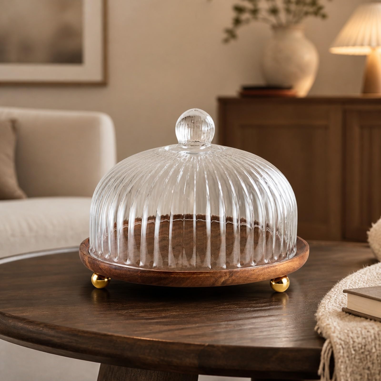 Gralara Cloche à Gâteau Polyvalent Plateau Présentation Rond en Bois D'acacia Cloche Élégant Présentoir à Gâteaux Cvercle, L
