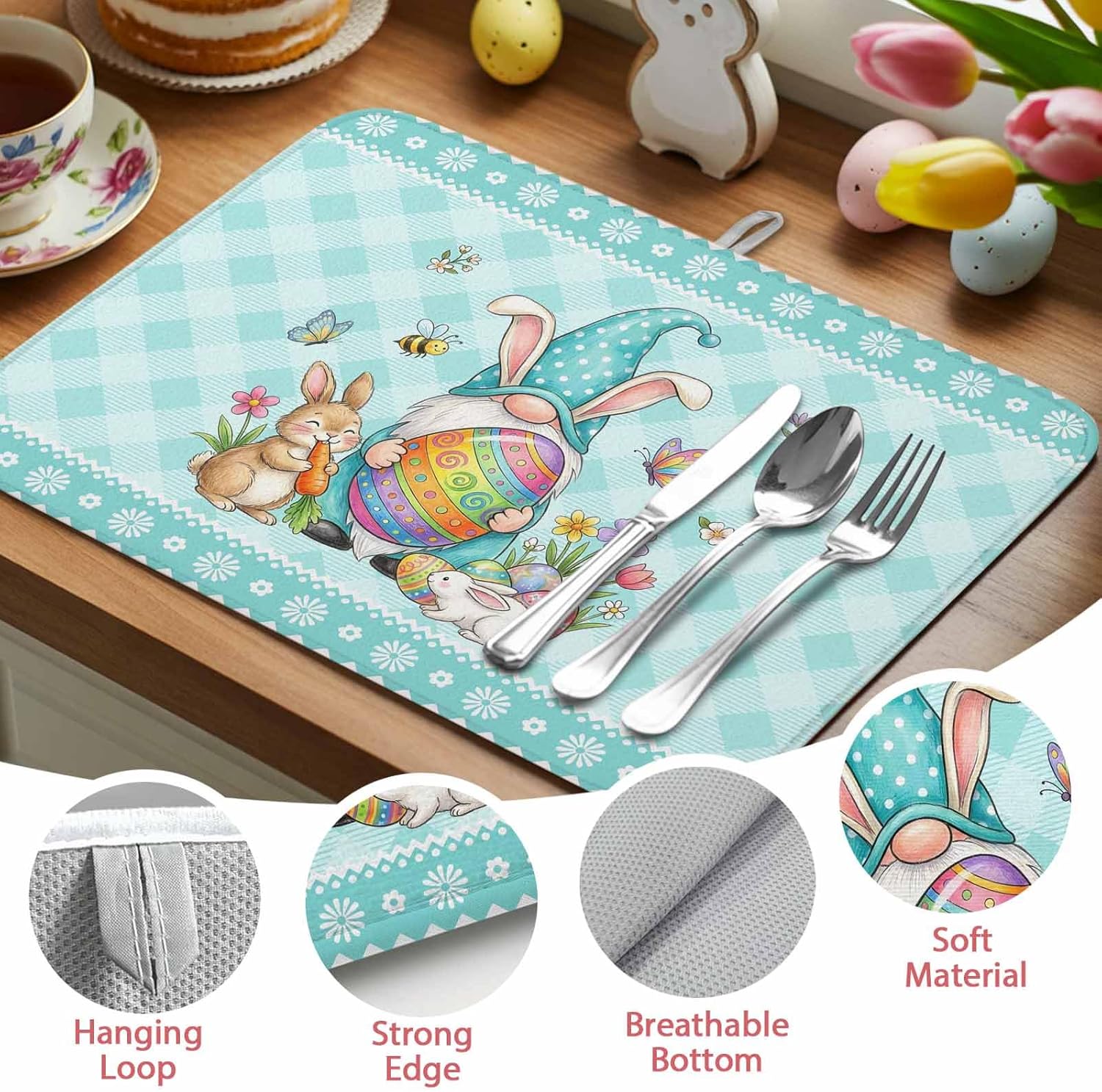Absorbent Dish Drying Mat for Kitchen Counter,Spring Easter Rabbits Pitches Microfiber Quick Dry Pad Dishes Drainer Rack Mats for Under Sink Utensils 18x24in,2 Pack,Eggs Butterfly Bee Flowers