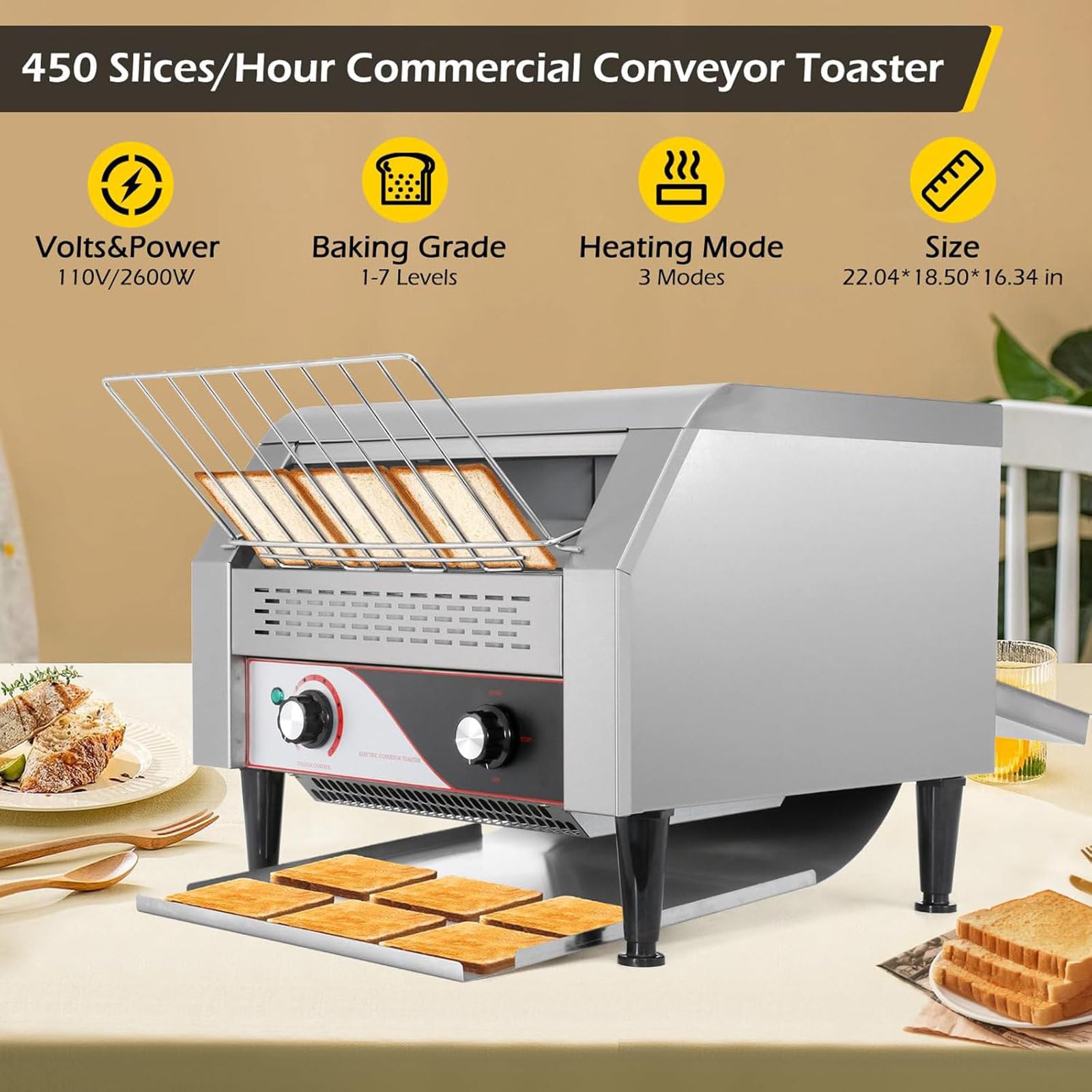 Tostadora Comercial,300-450 Rebanadas/Hora,Tostadora de Restaurante con Cinta Transportadora,Tostadoras Industriales de Alta Resistencia con Doble Calentamiento para Panecillos y Bagels,450PCS/Hour