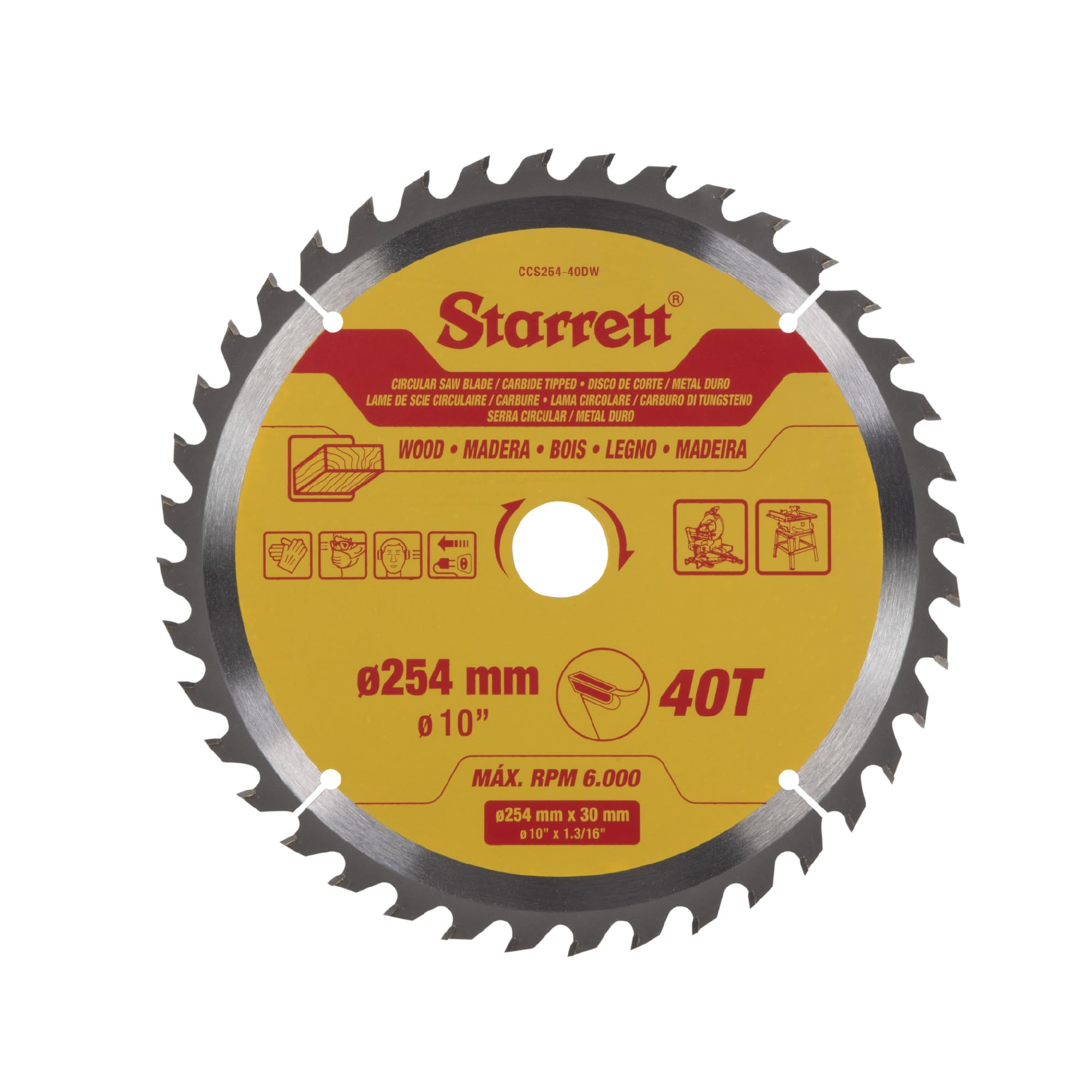 Starrett Lame de scie circulaire TCT 254 mm pour bois, 40 dents, alésage 16/19/25/30 mm