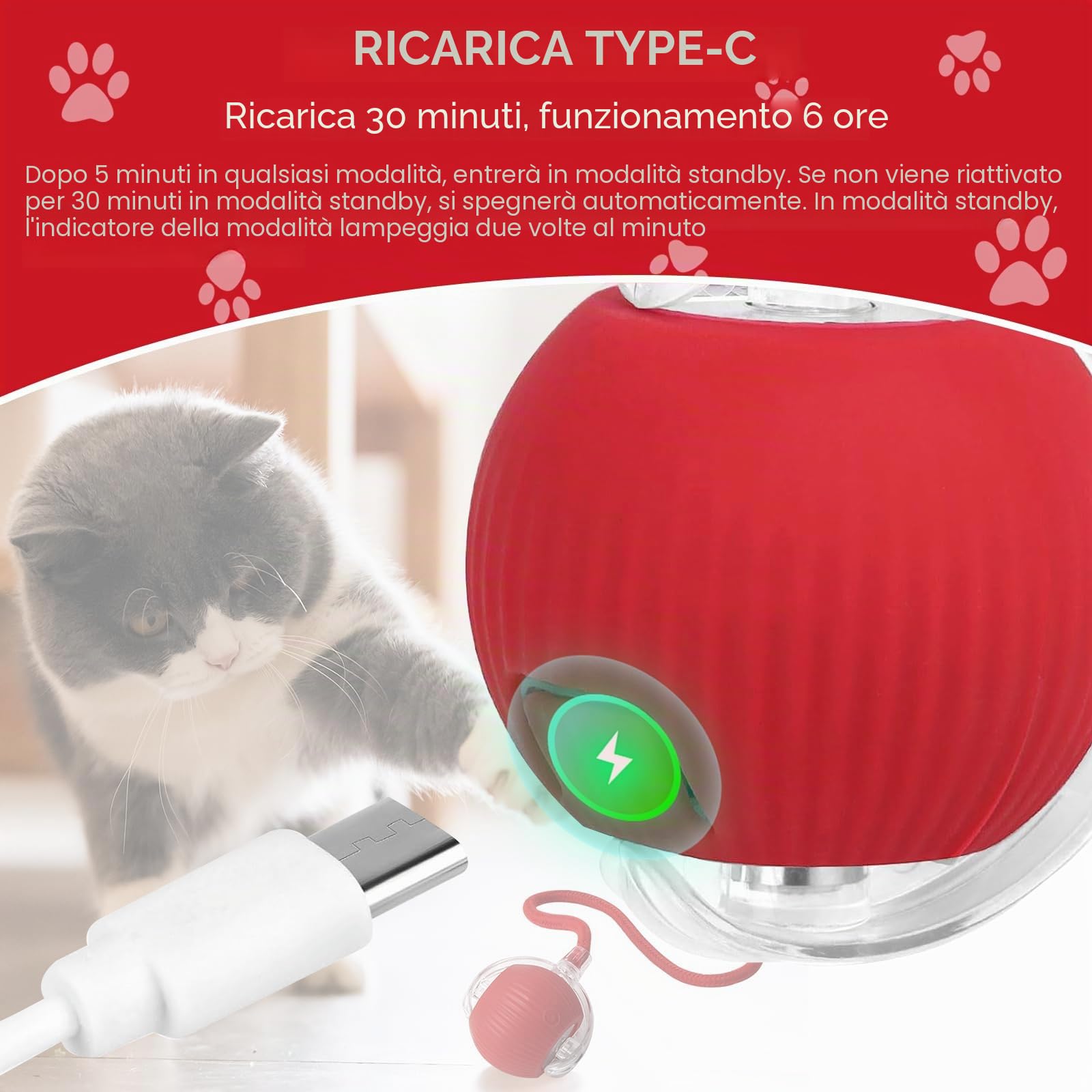 Palla Interattiva per Cani, Palla Elettrica Giocattolo Rotolante Automatica Intelligente per Gatti, Pallina Ricaricabile per Cani che si muove da sola, Interactive Cat Ball con 3 Modalità