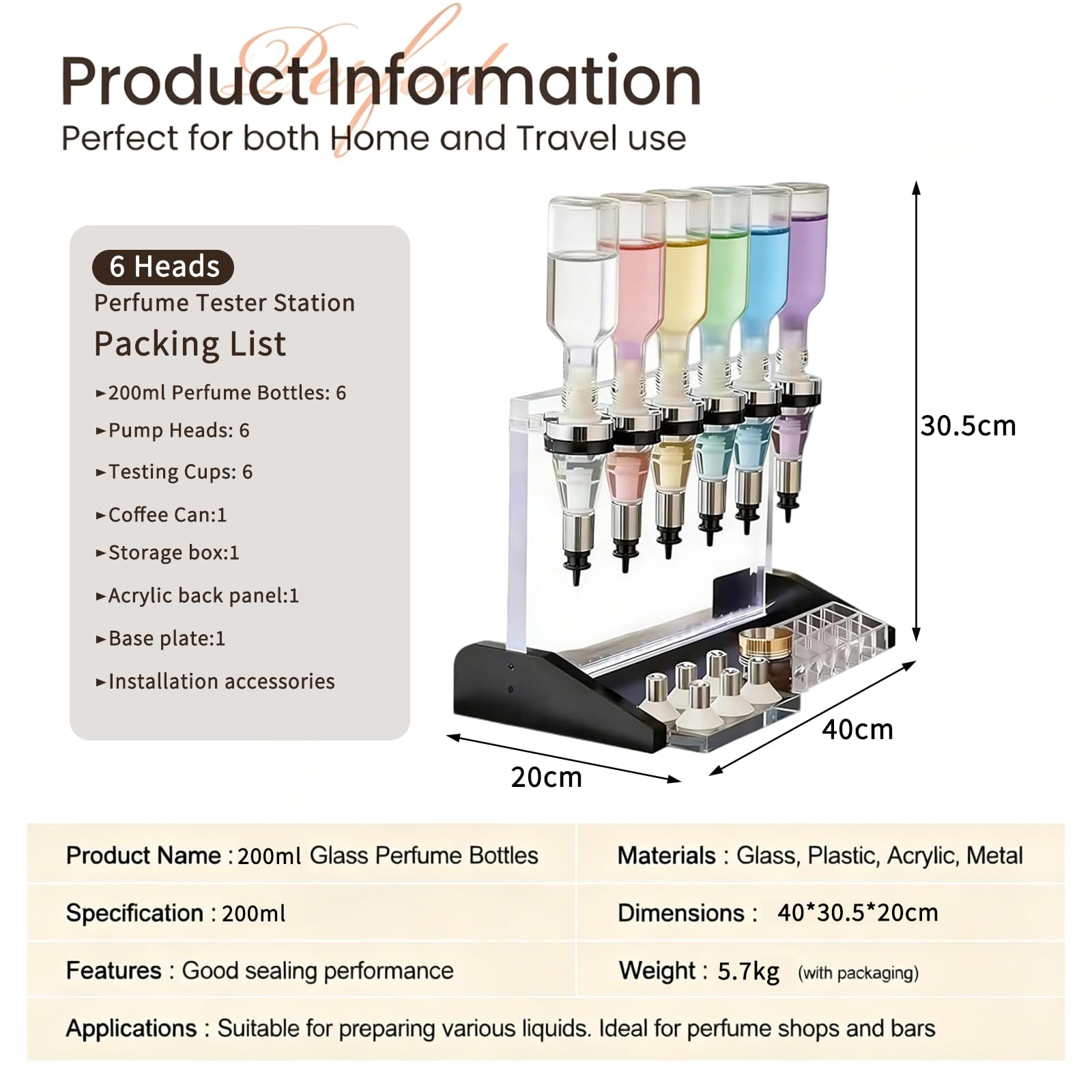Strumenti erogatore per profumi, erogatore Manuale per profumi, espositore Tester per profumi, con Teste Pompa, Bicchierini di Prova e Bottiglie da 200/375 ml per Negozi 6Heads