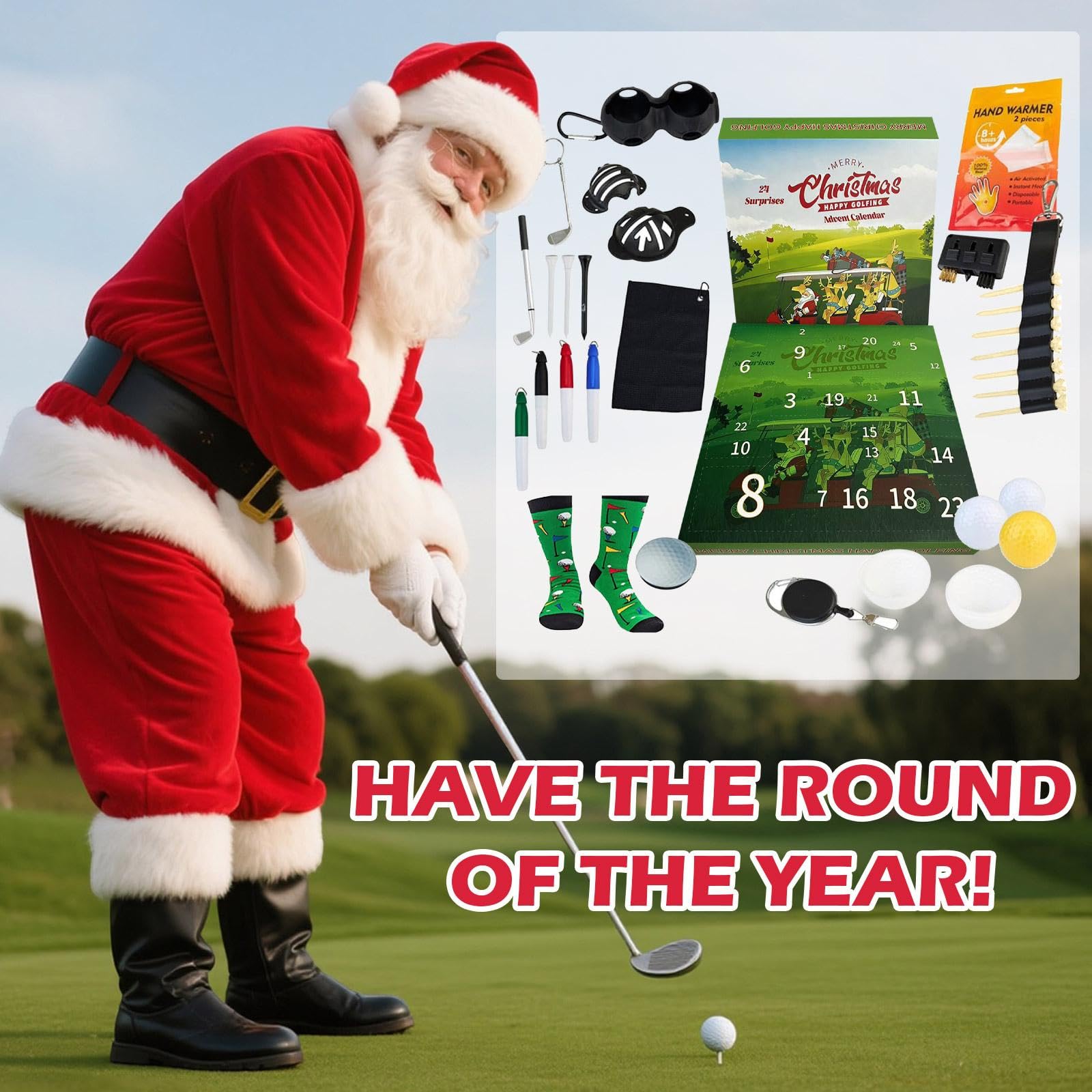 Calendarios de Adviento de golf 2025, calendario de cuenta regresiva de Navidad de 24 días con juego de herramientas, pelotas de golf, calcetines, llavero, camisetas, regalos sorpresa de Navidad para