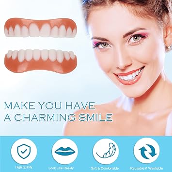 2 Pair False Teeth Veneers Top and Bottom Instant Veneers Fake Teeth White Dentures Instant Smile Veneers Cosmetic Teeth Whitening Temporary Prosthesis Teeth with Thermal Beads for Men Women Adult