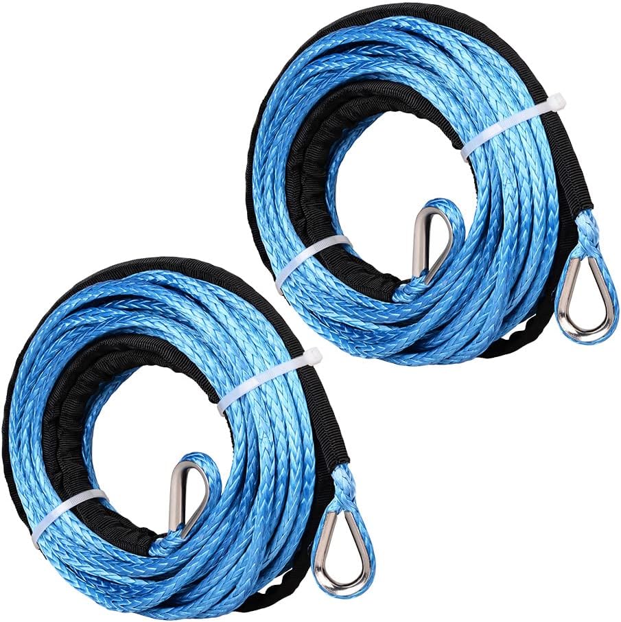 2pcs 50ft 1/4" Blue UHMWMPE Synthetic Rope Extension with 39" Rock Guard Thimbles 7500lbs for ATV UTV Tow Truck 4WD 4x4 Snow Plow