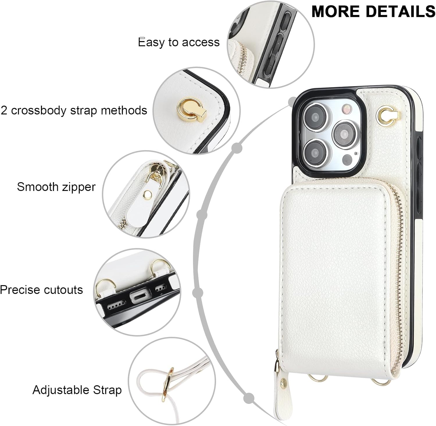 KIHUWEY Crossbody Wallet Case for iPhone 15 Pro, Zipper Pocket Case with Card Holder, PU Leather RFID Blocking Protective Cover Case with Kickstand Detachable Wrist Strap Lanyard 6.1" (White)