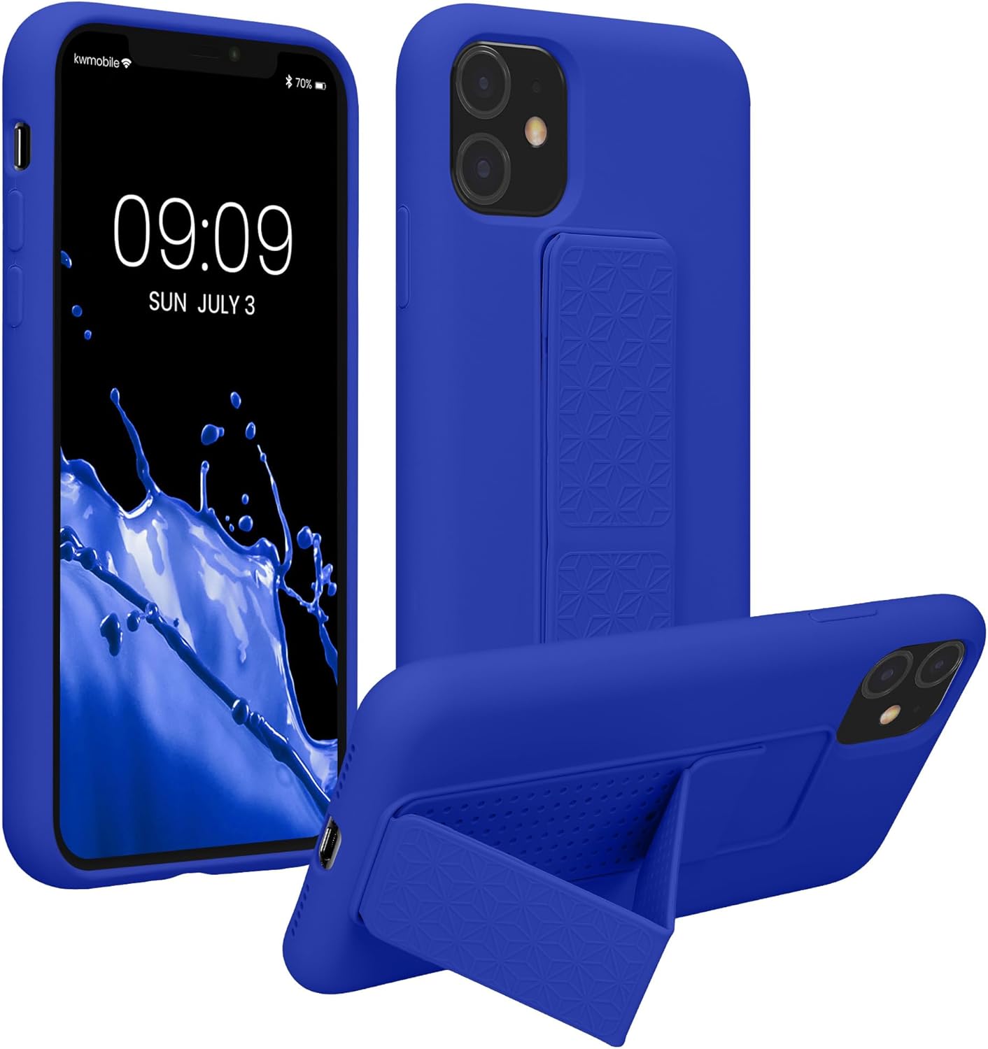 kwmobile Case Compatible with Apple iPhone 11 - Case with Hand Strap and Stand Soft TPU Silicone Coating - Baltic Blue