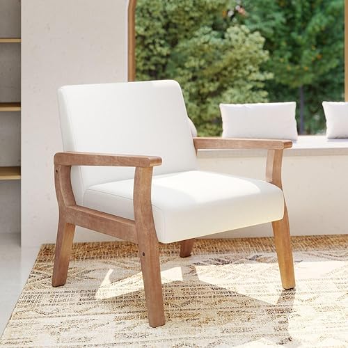Silla decorativa beige de mediados de siglo, moderna silla de madera para sentarse, silla auxiliar tapizada de tela de lino, cómoda silla para sala