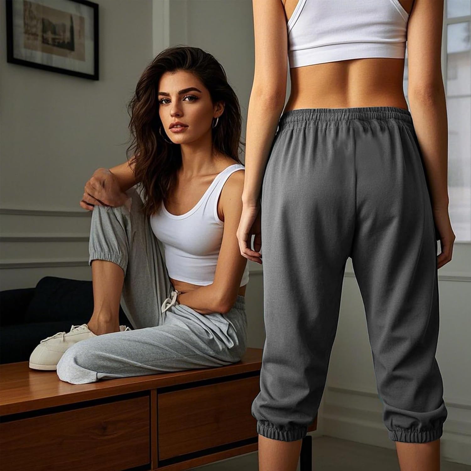 Women's 3 Pack Capri Sweatpants with Pockets - High-Waist Yoga Joggers Athletic Running Leggings for Workout, Gym, Lounge - Image 3