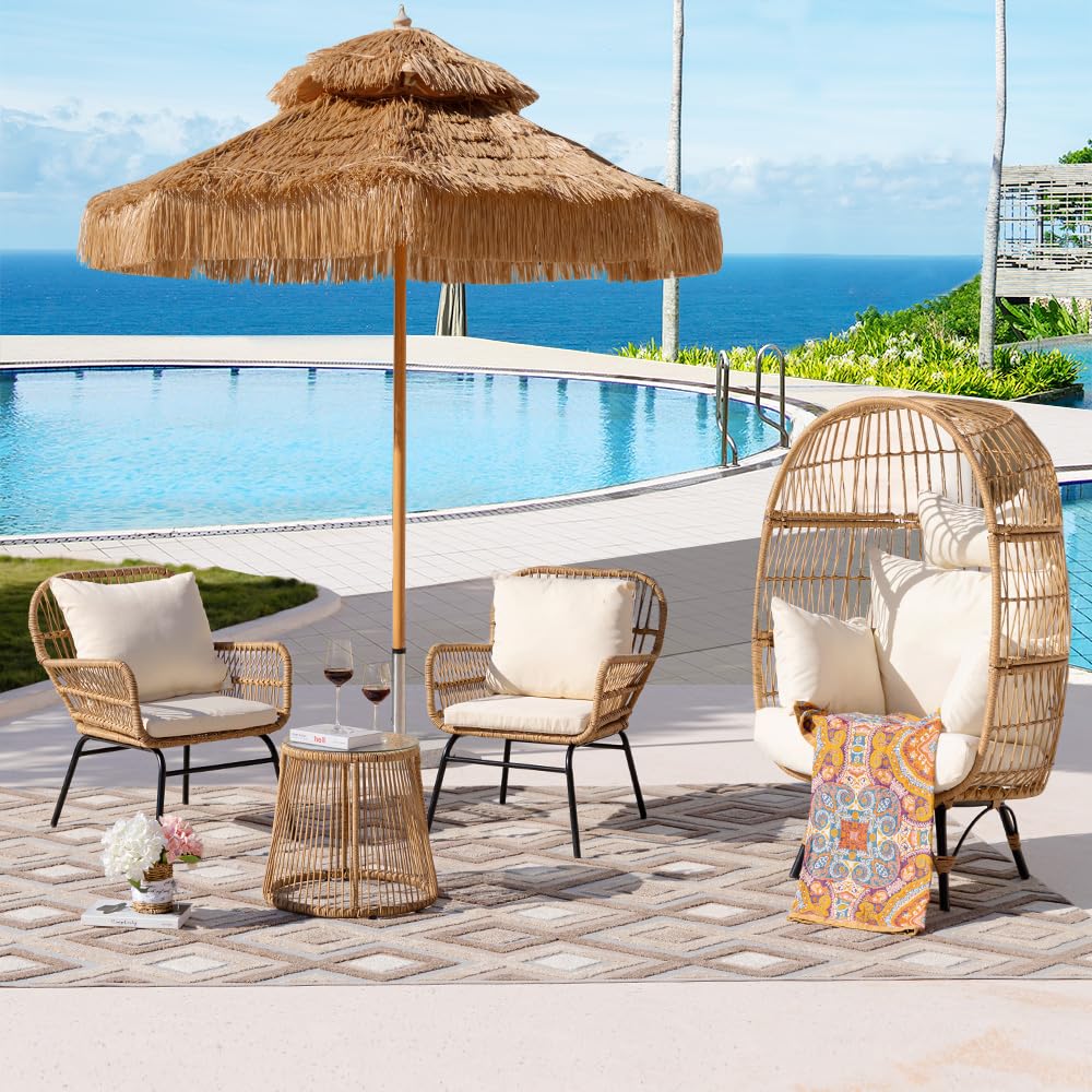 FINCATI 4 Pieces Boho Outdoor Patio Furniture Wicker Boho Lounger Conversation Sofa Set with Egg Chair and Cushion for Backyard Balcony Beige