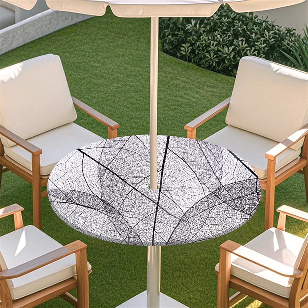 Surwin Outdoor Round Tablecloth with Parasol Umbrella Hole Zipper, Elastic Edge Fitted Protector Round Table Cloth Waterproof Table Cover for Garden BBQ Party -Summer Leaf (Grey,M(91-112cm)