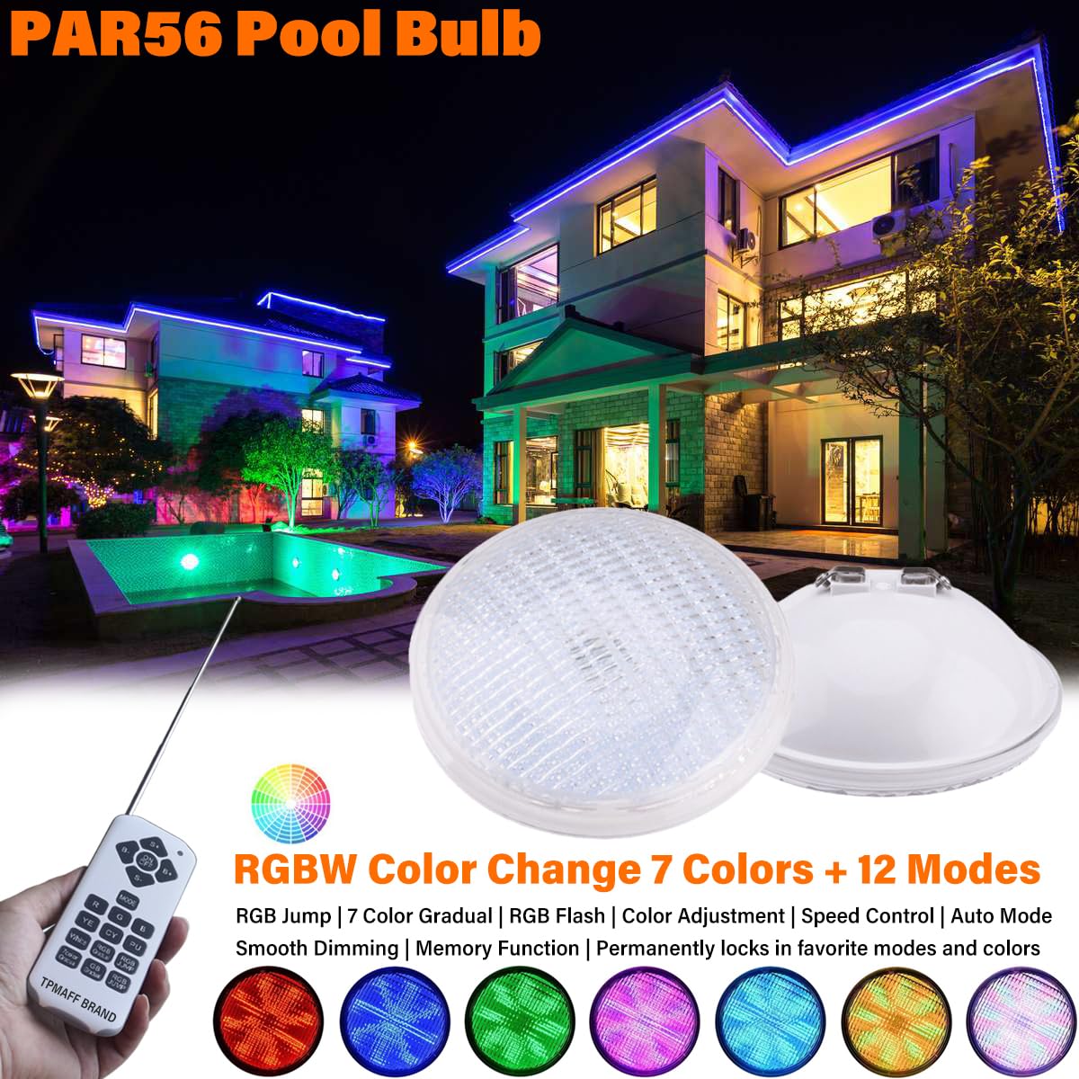 LED PAR56 RGBW Lampadina per Piscina Che Cambia Colore IP68 Faretto subacqueo a LED Impermeabile Lampadina a Bassa Tensione 12V per Giardino Piscina paesaggistica (con Telecomando)
