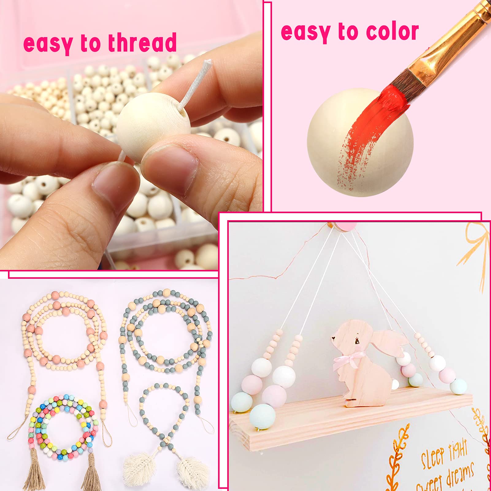 1050 Perline Legno + Corda Macramè 15m - Per Braccialetti Fai Da Te, Decorazioni Creative - Foto 2