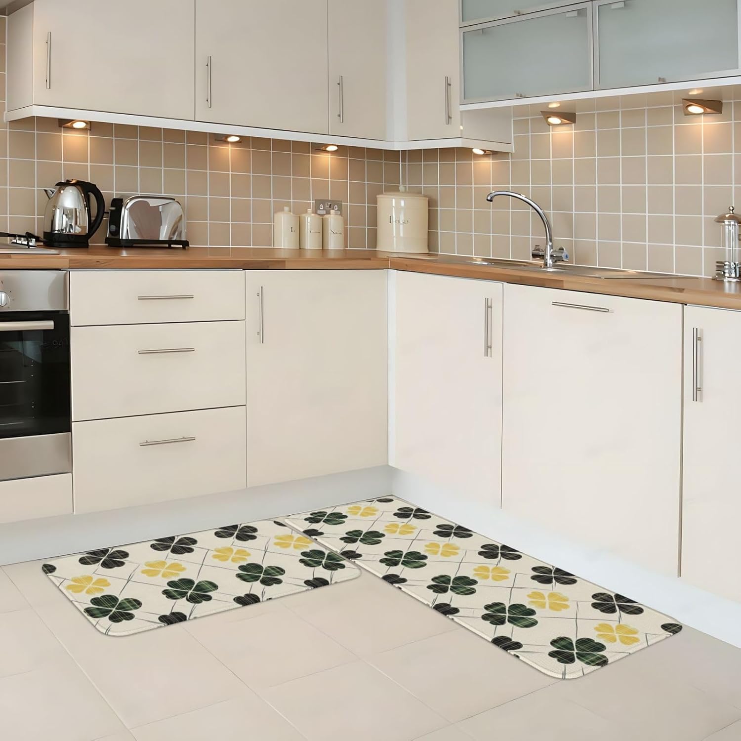 Green Plants Print Kitchen Rugs Sets of 2 Non Slip Washable, Anti Fatigue Kitchen Mats for Floor, Home Decor