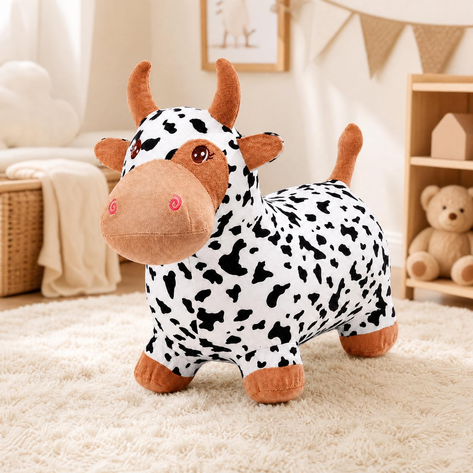 Mucca Saltente di Peluche Rinforzato Giocattolo da Cavalcare a Forma di Mucca Resistente Saltatore per Bambini