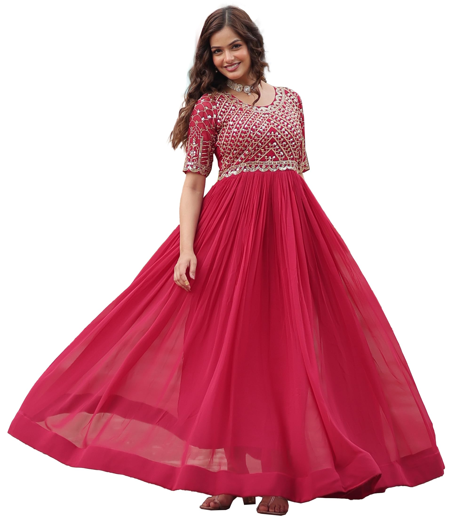 Fashion Basket Georgette Embroidered Anarkali Gown For Women Pink