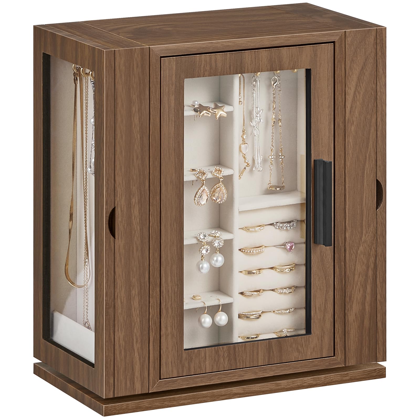 HOOBRO Caja Joyero, Organizador de Joyas Giratorio de 360°, Caja para Joyas con 5 Cajones, con Puerta de Acrílico, Expositor de Joyas con Forro de Terciopelo, para Collares, Anillos, Nogal EBH30JB04