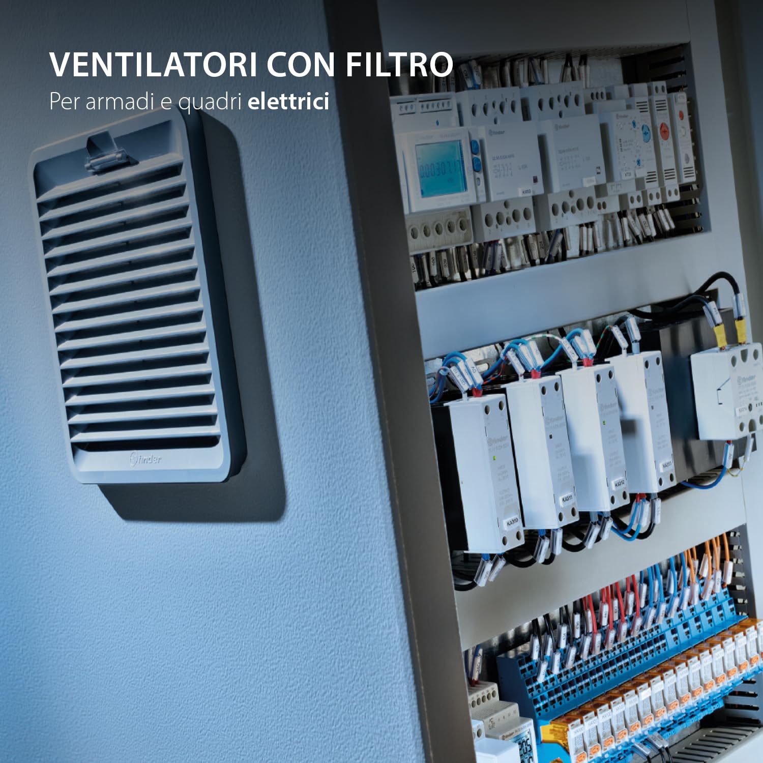 Finder Ventilatore con filtro per uso interno Tipo 7F.20. Per armadi e quadri elettrici con tensione nominale 120 o 230 V AC. Disponibile in 4 dimensioni e con potenze nominali da 17 W a 78 W