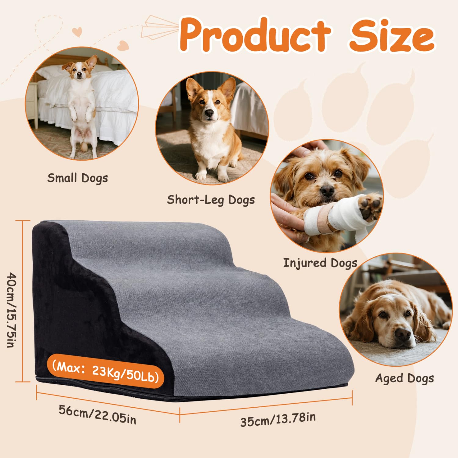 Nobleza Escalera para Perros Pequeños, Escaleras para Mascotas de Espuma para Cama y sofá, Rampa para Perro con Funda Lavable y Fondo Antideslizante, Ligera, 35x56x40cm, 3 Peldaños, Gris