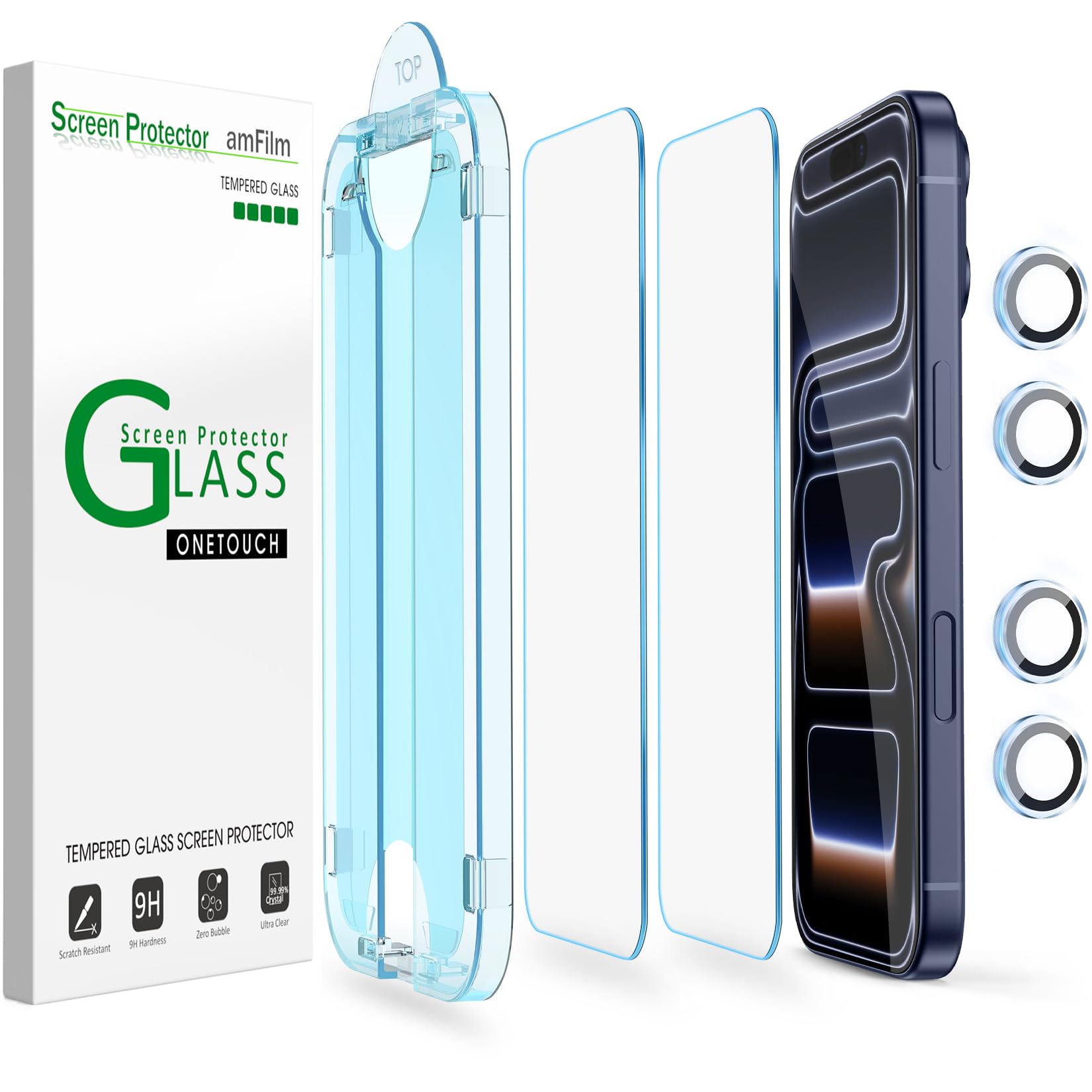 amFilm OneTouch Screen Protector for iPhone 17 Pro Max 6.9'' + Camera Lens Protector | Auto-Alignment install | Bubble Free | 9H+ Military-Grade Tempered Glass | FHD Clarity | Case Friendly | 2+4 Pack