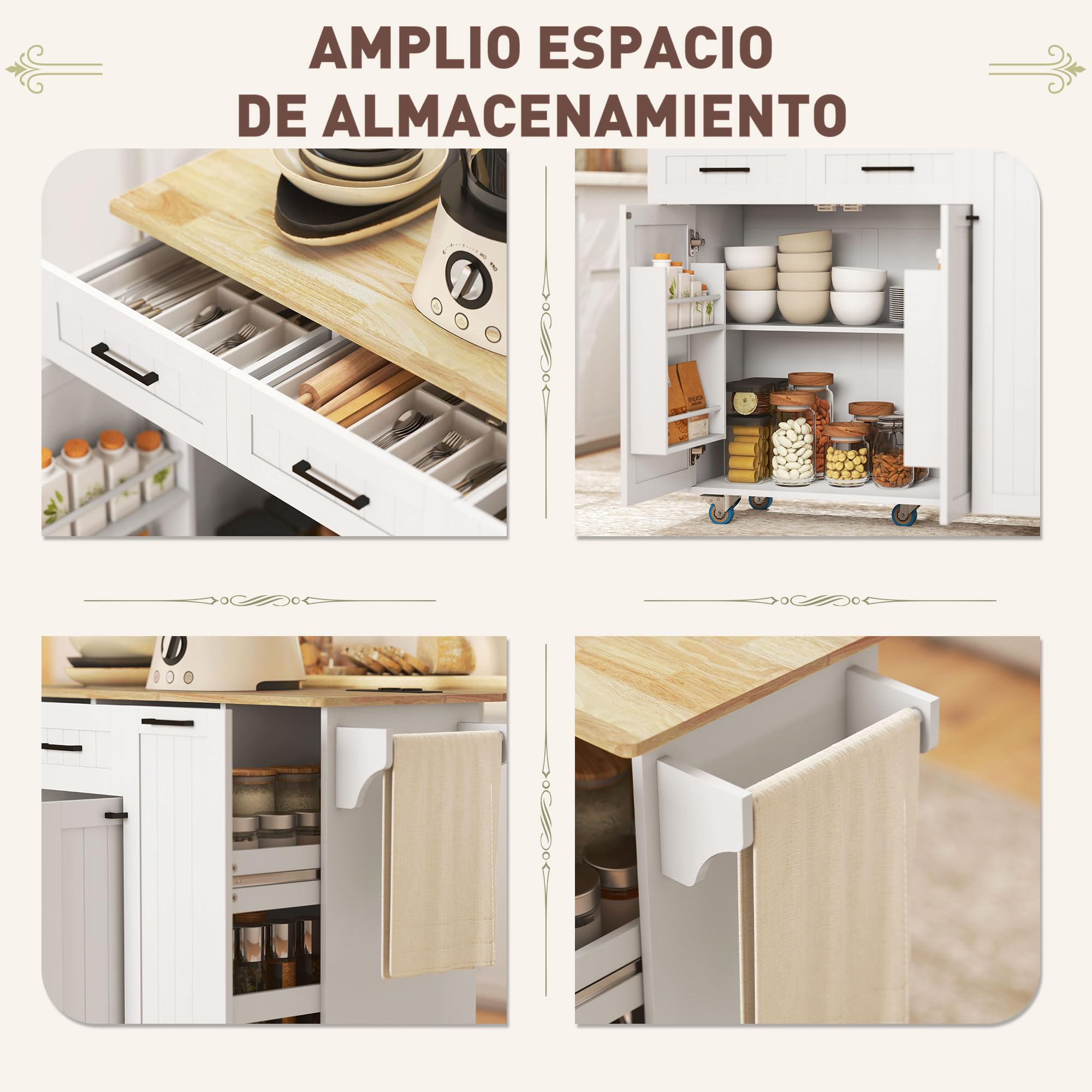HOMCOM Isla de Cocina con Ruedas y Toma USB, Tablero Plegable, Blanco | Carro de Cocina, 2 Cajones, 2 Puertas, Estante Ajustable, Especiero, Toallero, 119,5x74x94,5 cm