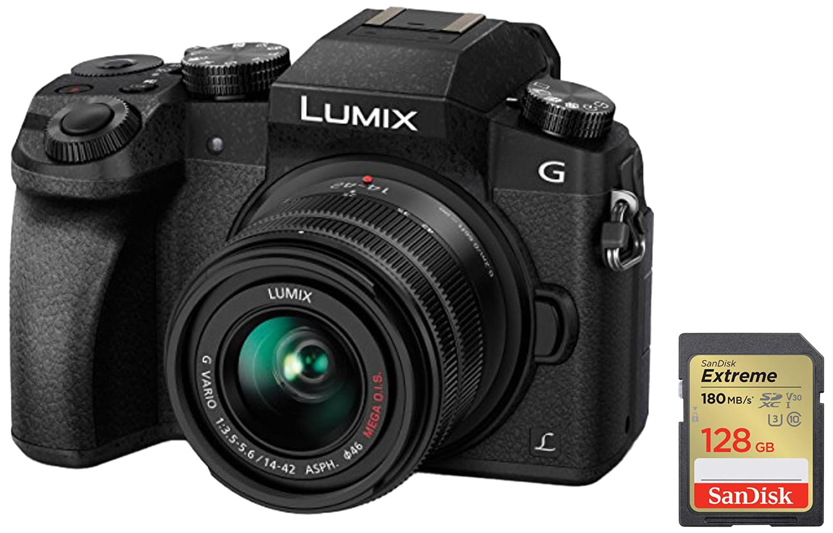 Panasonic LUMIX G7 16.00 MP 4K Mirrorless Interchangeable Lens Camera Kit & SanDisk Extreme SD UHS I 128GB Card for 4K Video for DSLR and Mirrorless Cameras 180MB/s Read & 90MB/s Write