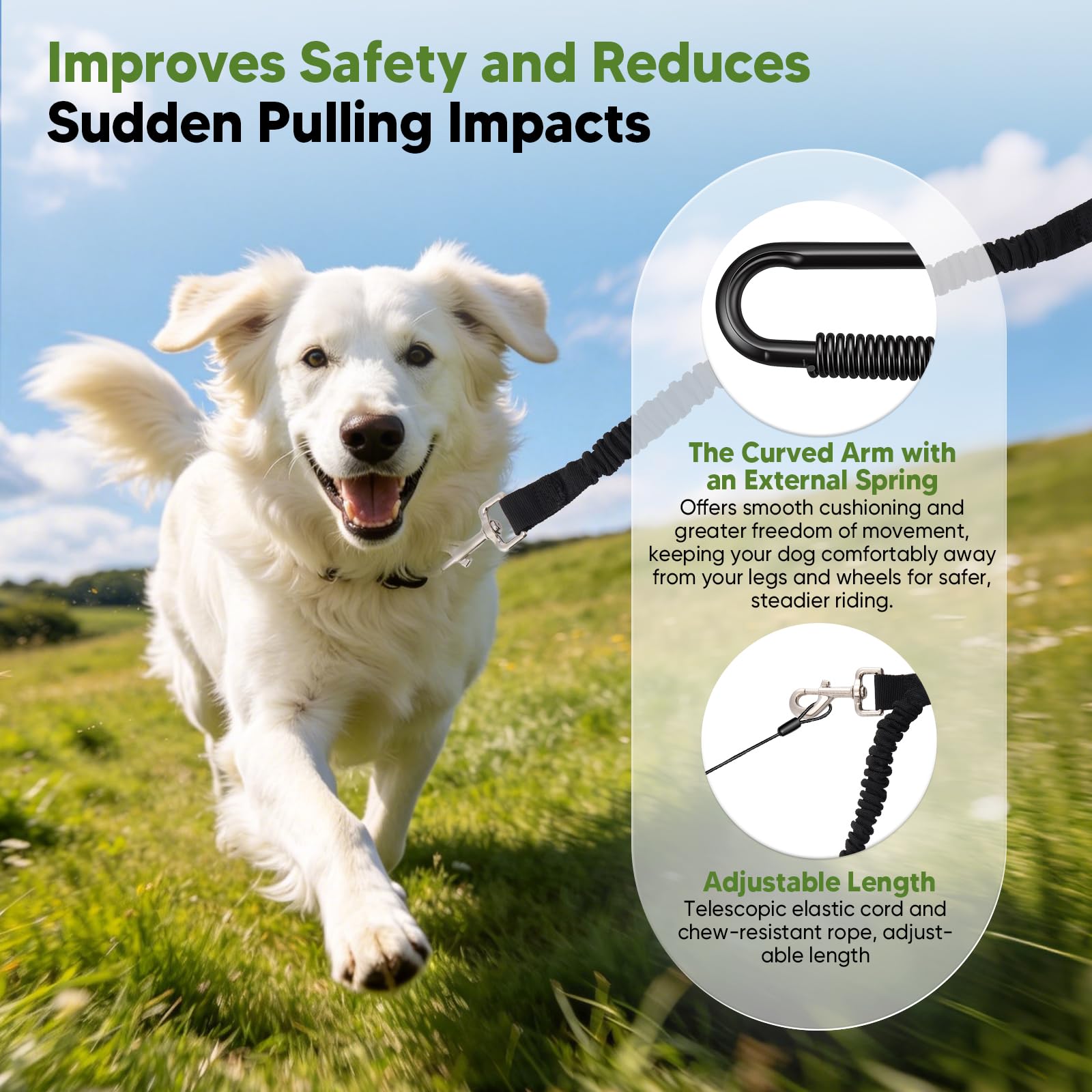 Correa de Perro para Bicicleta con Brazo en U y Amortiguación Doble, Soporte Canino para Ciclismo Montaje Rápido Ajustable Anti-Mordeduras, para Perros Grandes Bicicleta Eléctrica Triciclo, Negro