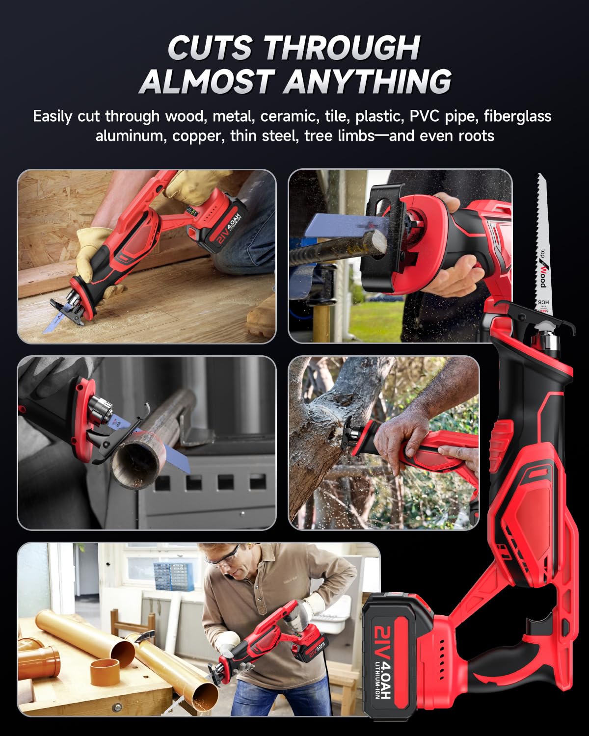 XIAZIR Sierra Sable Inalámbricas, Motor Brushless 3500 CPM, podadora 2×21V 4000mAh Baterías de Alto Rendimiento, Juego de 8 Hojas para Madera, Metal, PVC y Plástico, Sierra Recíproca Portátil