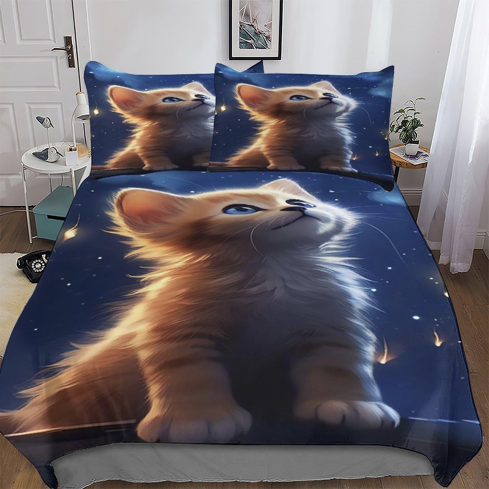 Housse de couette chat idée cadeau ado parure de lit double 200x200 microfibre 3 pièces