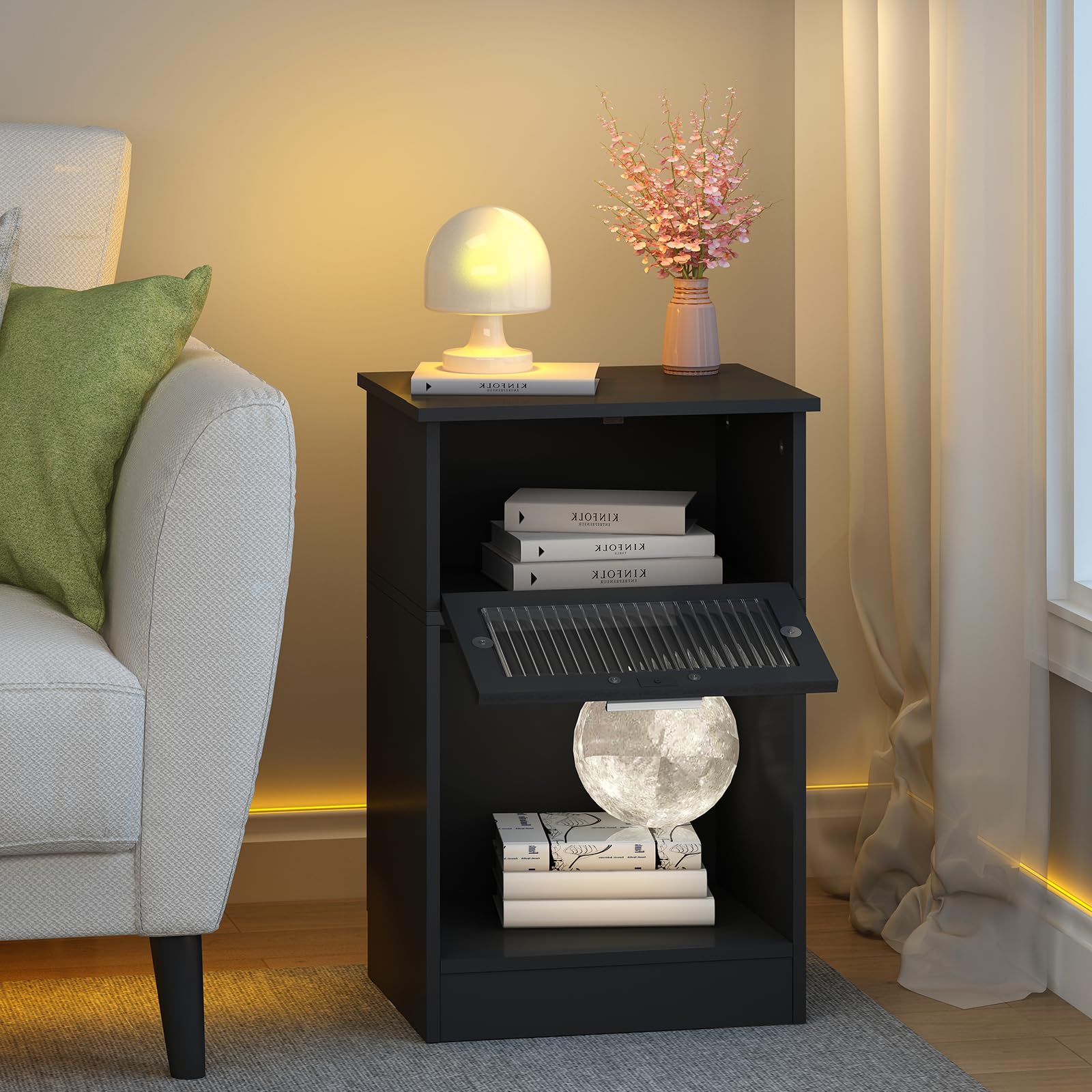 Nightstand, Side End Table, Modern Bedside Table with Glass Door and Open Storage Compartment for Bedroom, Living Room - Black