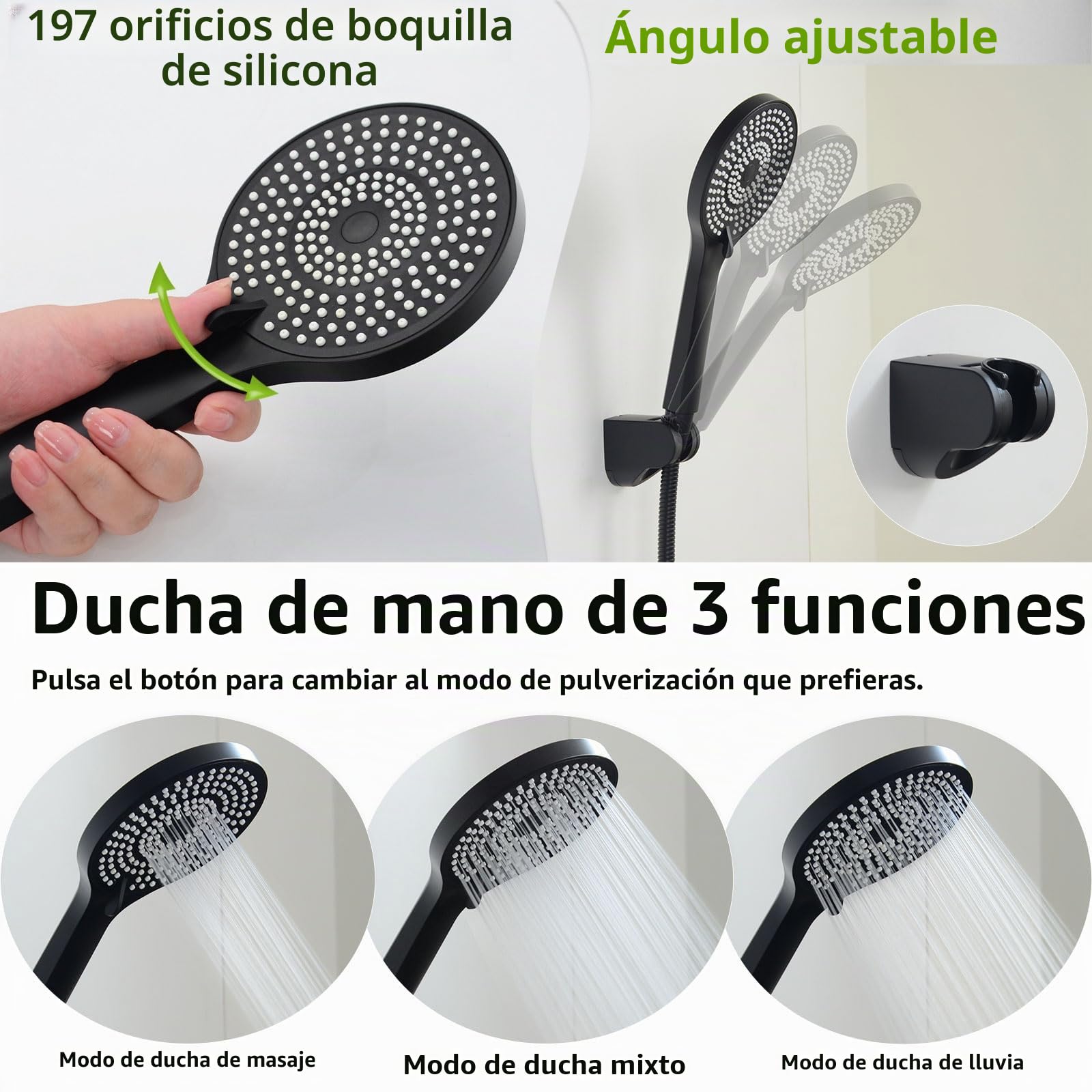 Grifo de Bañera, Grifo de Ducha con Alcachofa, Monomando Mezclador Ducha Montado en La Pared, Negro, N-2Y3OK
