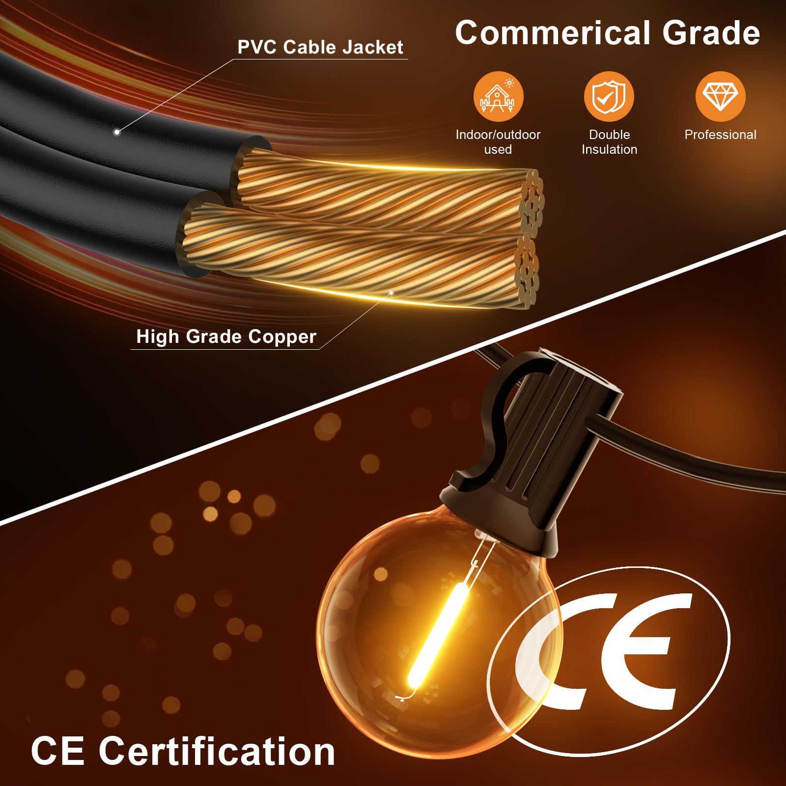 Miootly Catena Luminosa Esterno, 30M/100FT Luci da Esterno Giardino con 50+2 LED Lampadina, IP45 Impermeabile, 2700K Bianco Caldo, Catena Luminosa per Matrimonio, Festa, Giardino, Patio