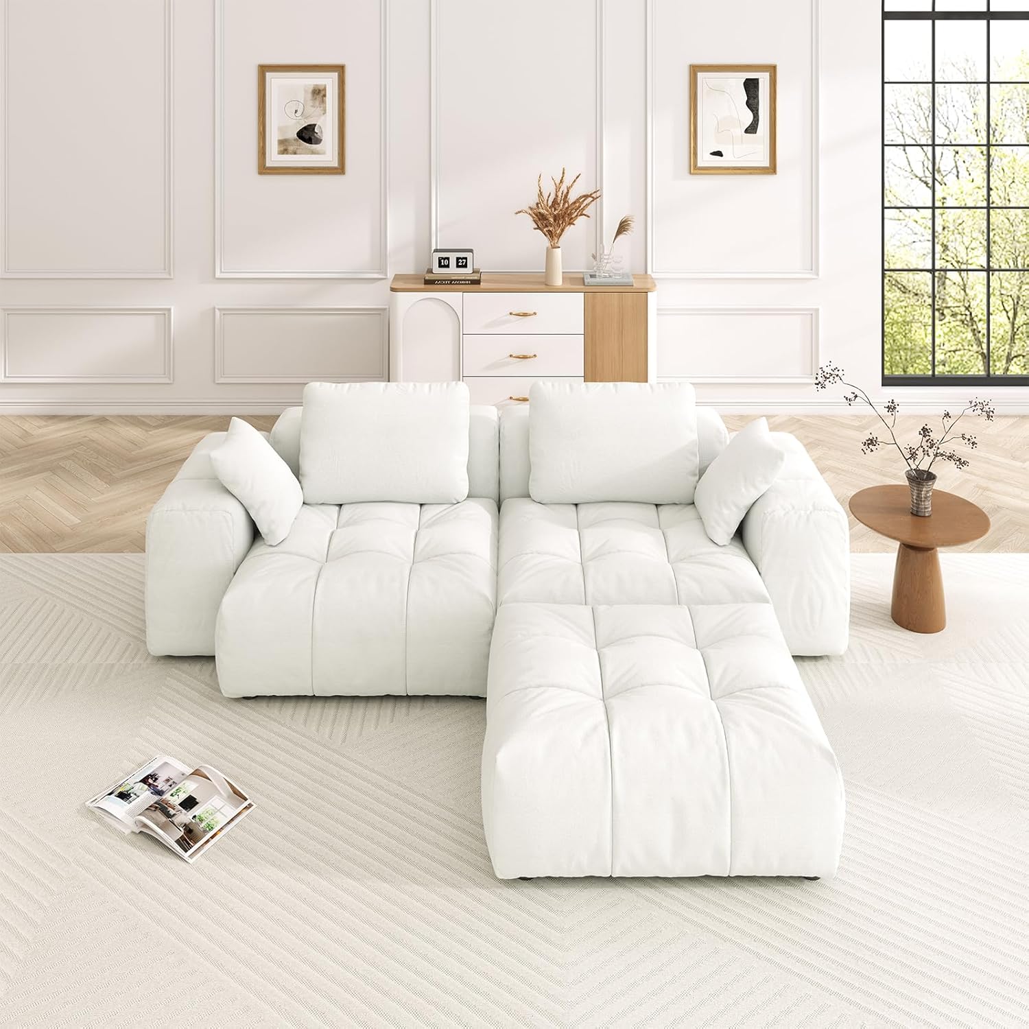 121.2” Oversized Cloud Sectional Couch, Comfy Down Filled Modular Sectional Sofa, 3 Seater Couch with Removable Back Pillows Covers, Deep Seat Sectional Couches for Living Room, Cream White