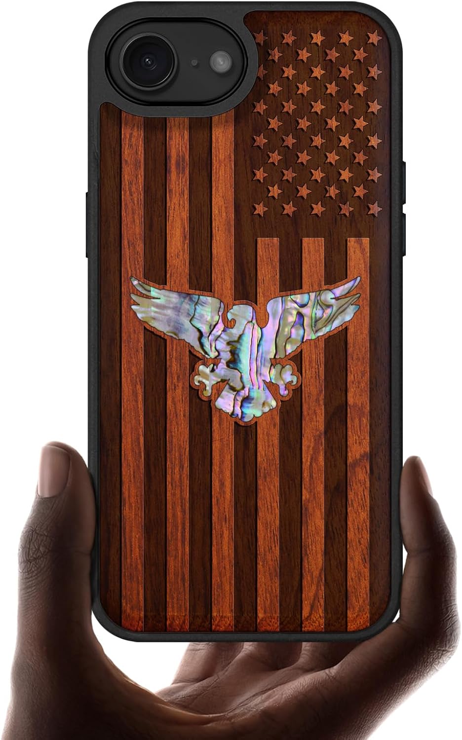 Carveit Magnetic Wooden Case for iPhone 16e / 17e, Wood Artisan Engraved & Handmade Shell Inlaid, TPU Shockproof Cover, Compatible with MagSafe Wireless Chargers, Bald Eagle and Flag - Blackwood