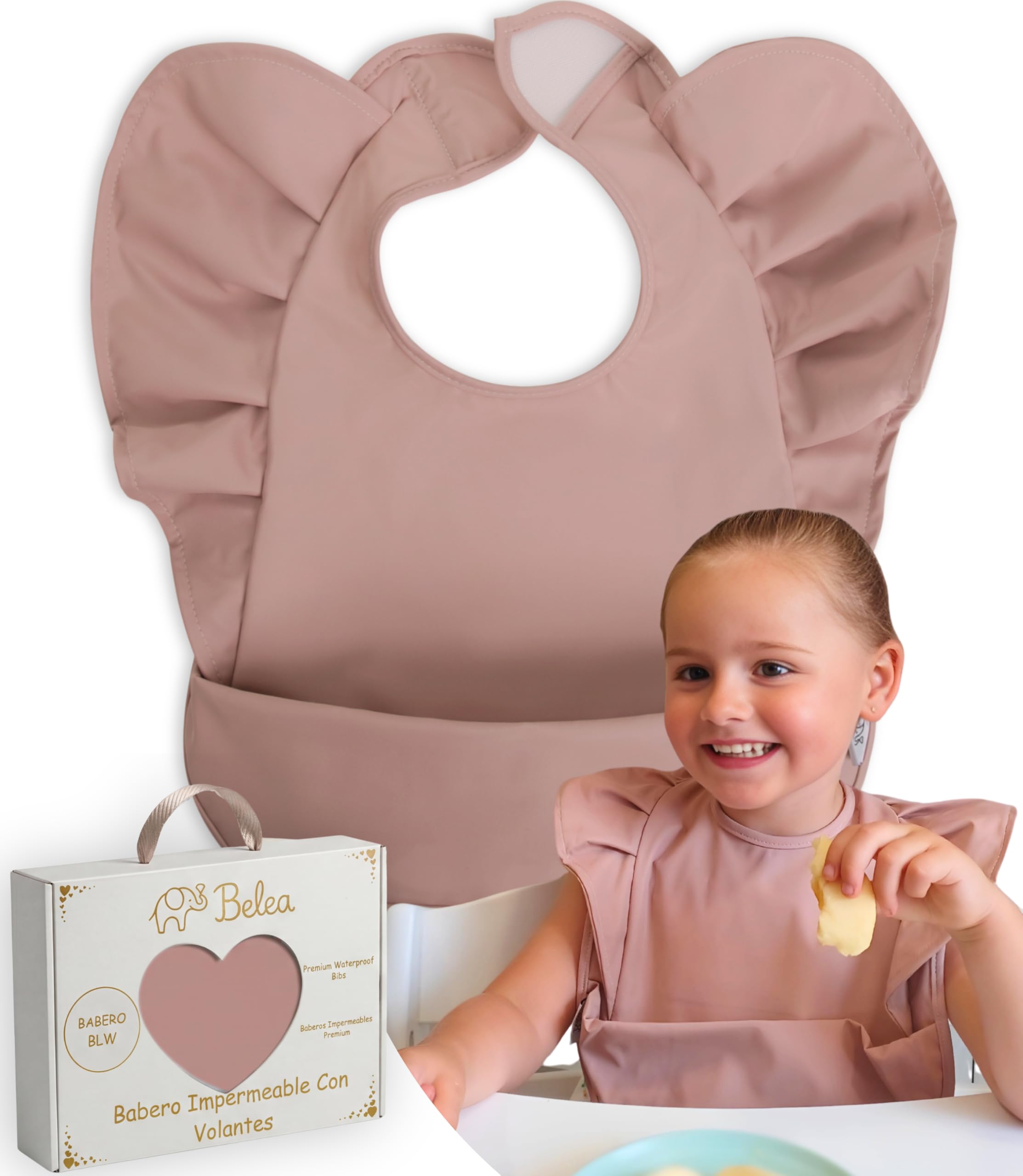 Baberos Bebe Impermeables BLW sin Mangas con Volantes Ajustable de 6 Meses a 5 Años Bolsillo Recogemigas Babete Impermeável Bebe Waterproof Sin BPA Lavable Regalo Babyshower Cumpleaños Bebé Niña