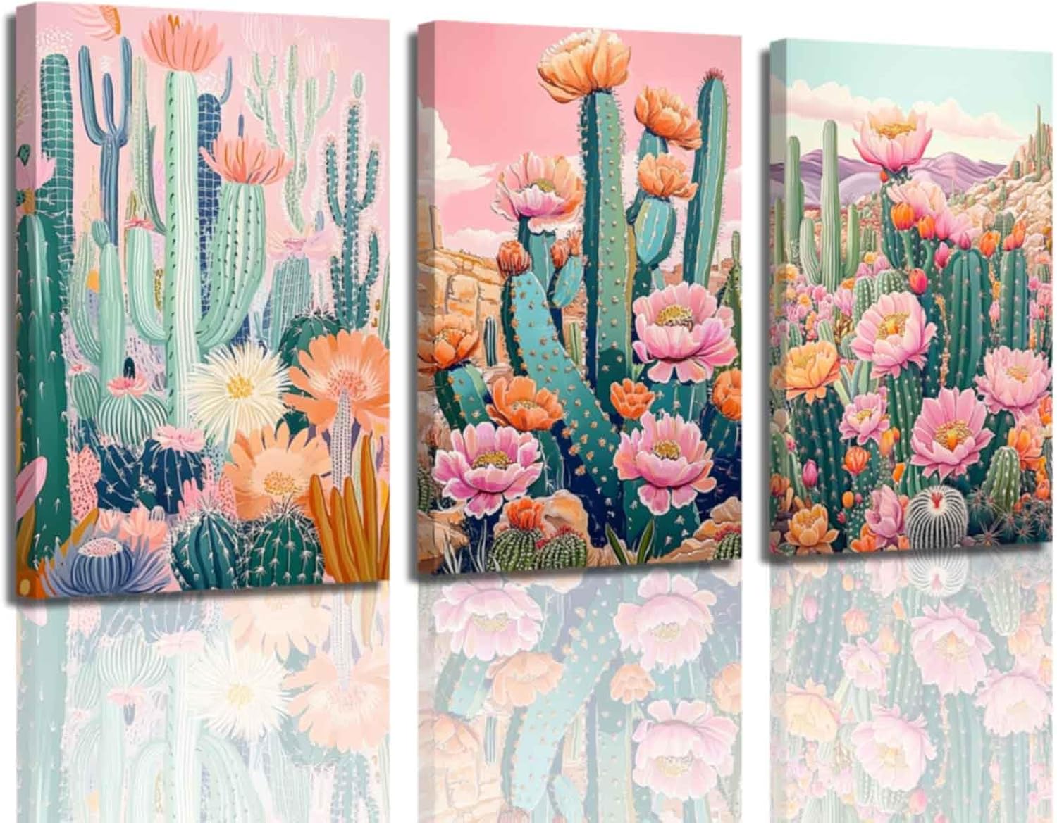 ZSHARTSWD Mexican Cactus Wall Art 3 Piece Boho Cactus Desert Picture Floral Botanical Canvas Print Southwestern Painting for Living Room Bathroom Decor Framed (Pink, 12.00" x 16.00" x 3PCS)